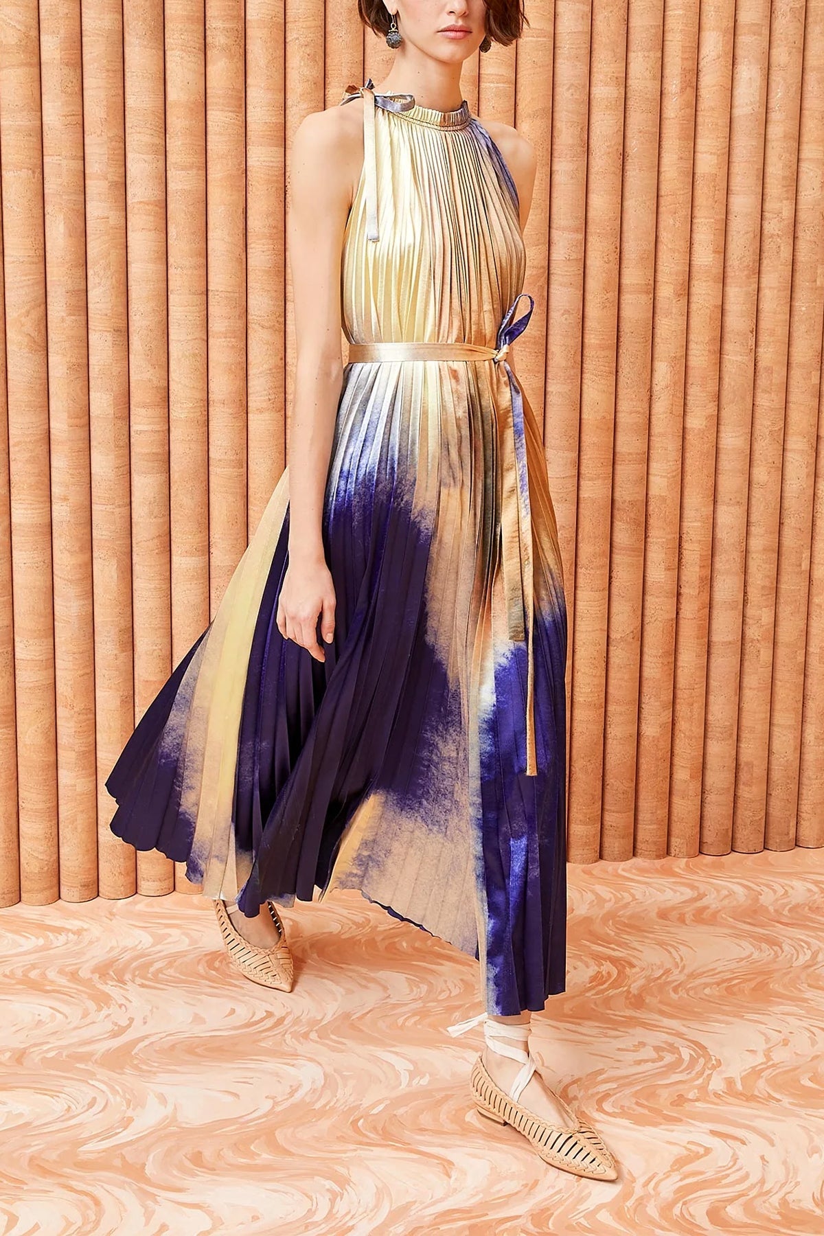 Amiko Pleated Satin Midi Dress in Mirage - shop-olivia.com