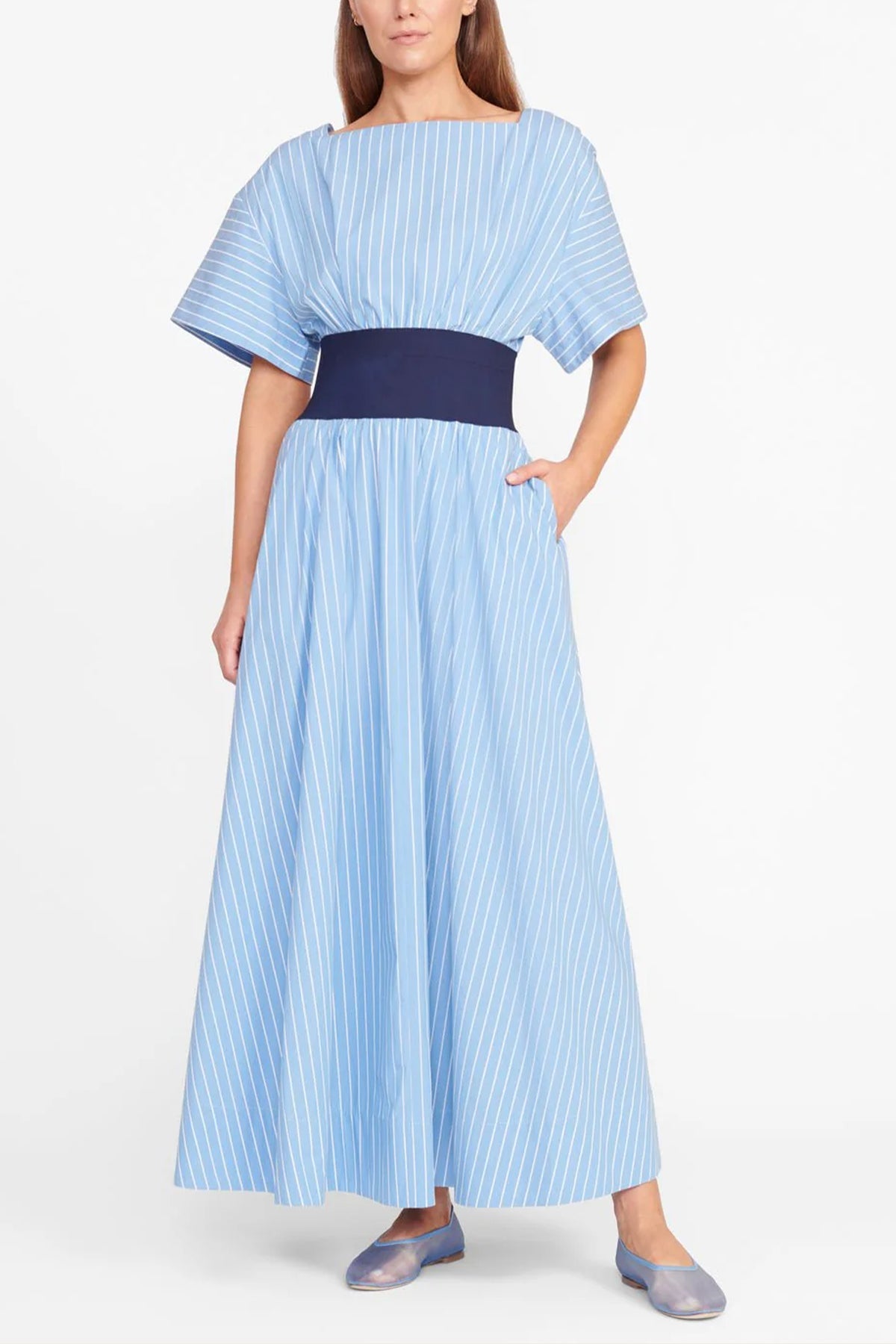 Amy Dress in Azure Pinstripe - shop-olivia.com