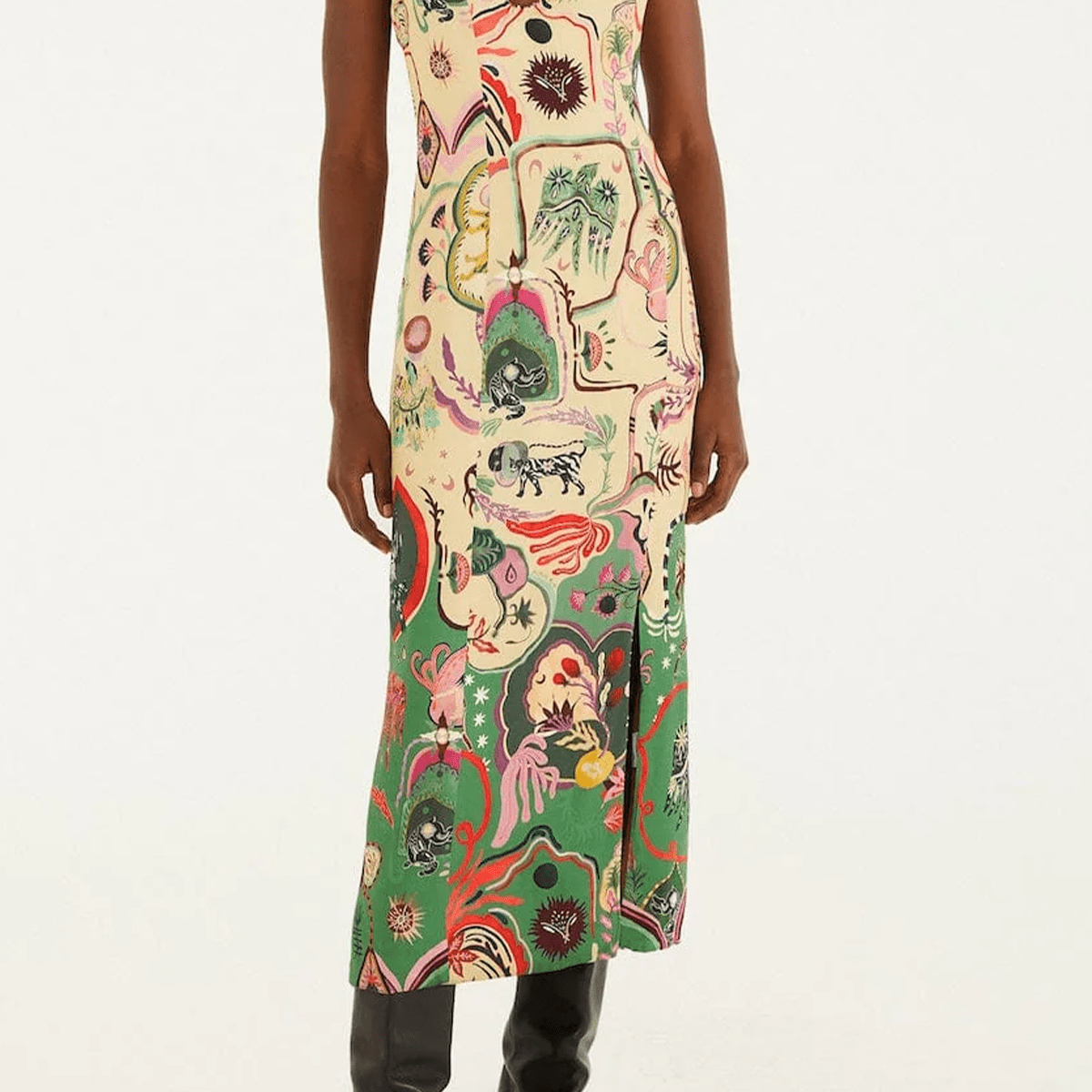 farm rio multicolor surreal sleeveless midi dress Artsy Surreal Land Beige Sleeveless Midi Dress