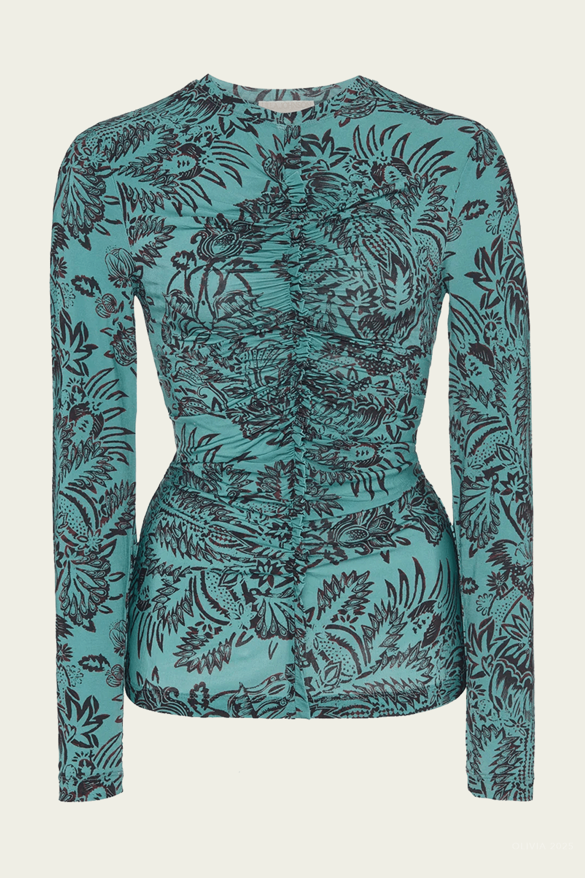 Asha Ruched Long - Sleeve Top in Ocean Flora - shop - olivia.com