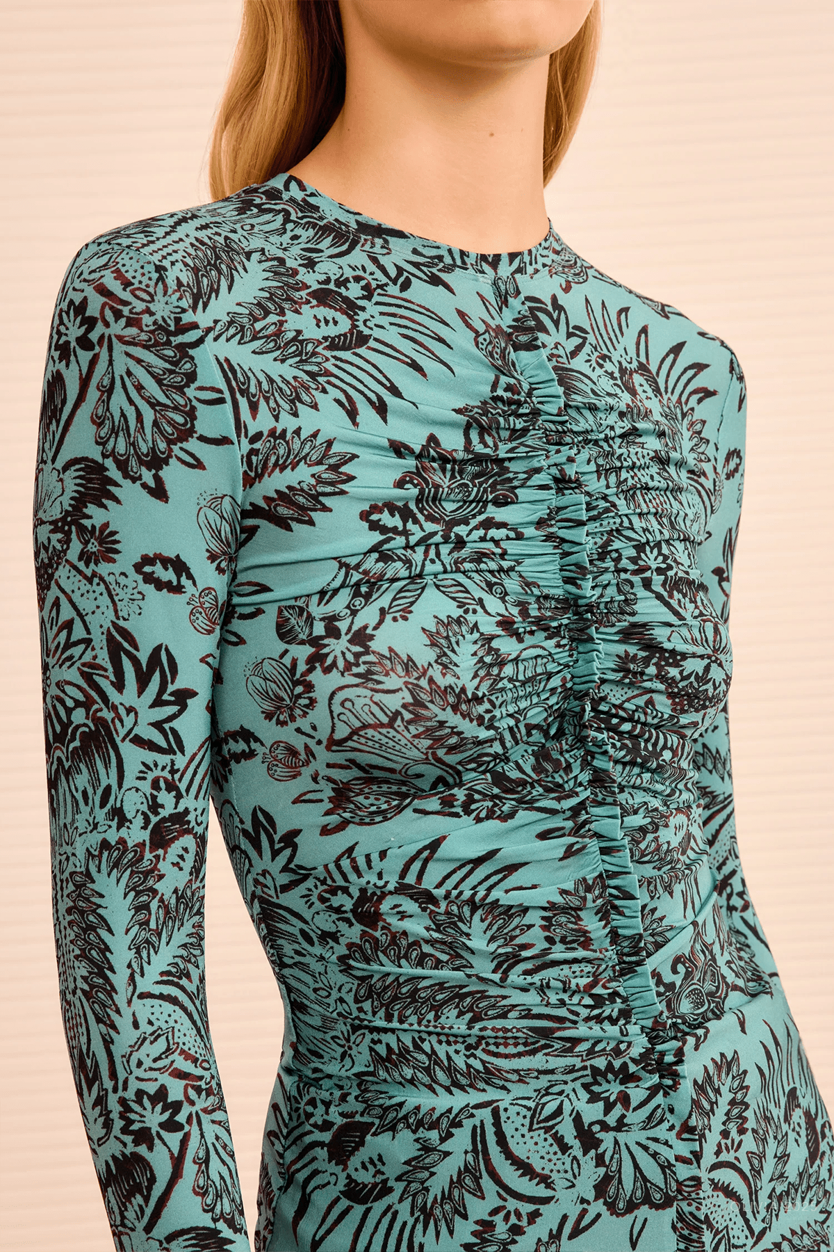 Asha Ruched Long - Sleeve Top in Ocean Flora - shop - olivia.com