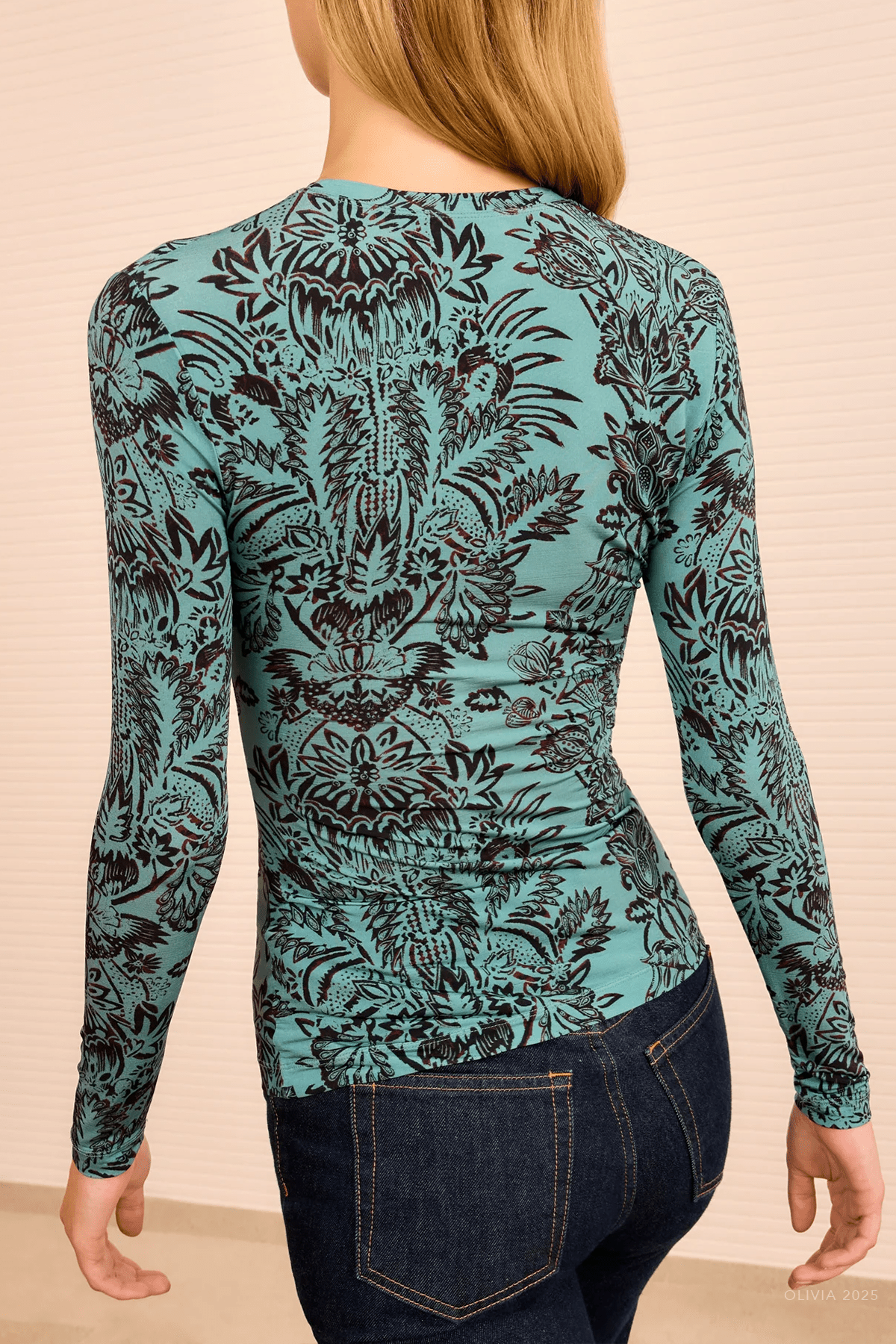 Asha Ruched Long - Sleeve Top in Ocean Flora - shop - olivia.com