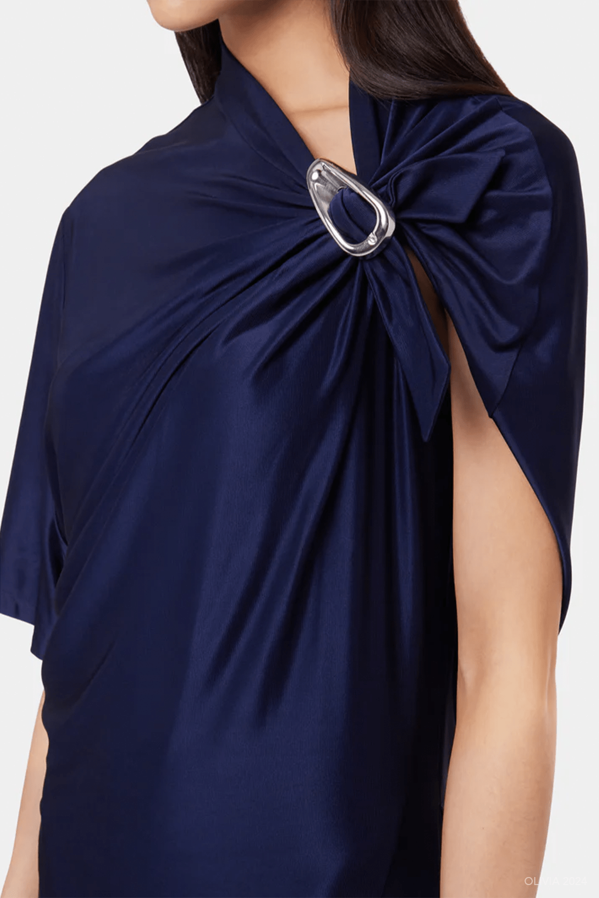 Asymmetrical Draped Midi Dress in Deep Navy - shop - olivia.com