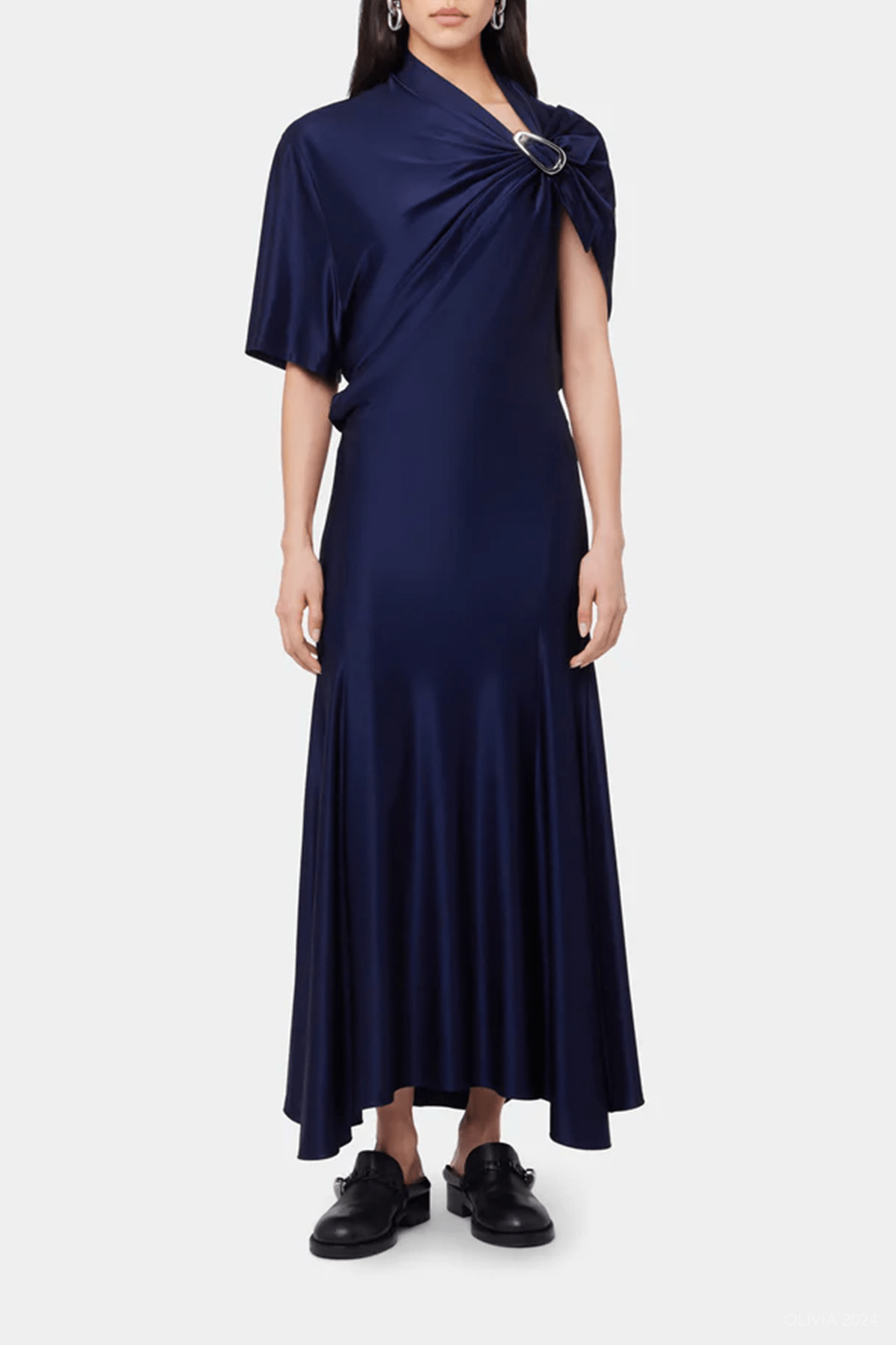 Asymmetrical Draped Midi Dress in Deep Navy - shop - olivia.com