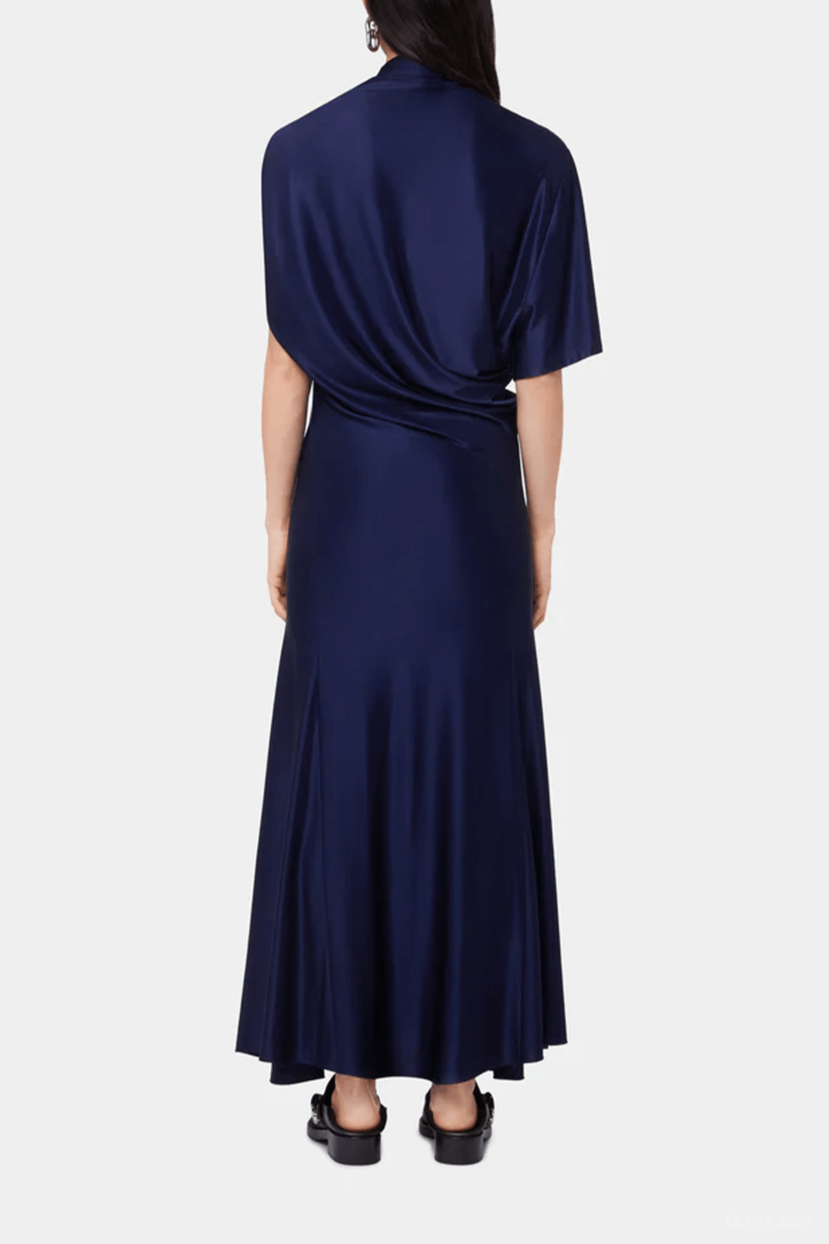 Asymmetrical Draped Midi Dress in Deep Navy - shop - olivia.com