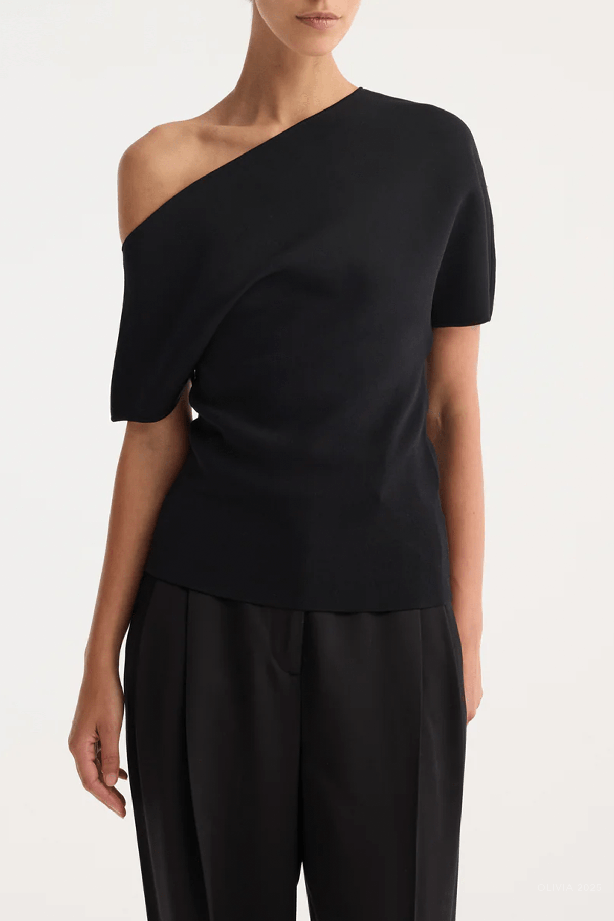 Asymmetrical Punto Milano Knitted Top in Black - shop - olivia.com