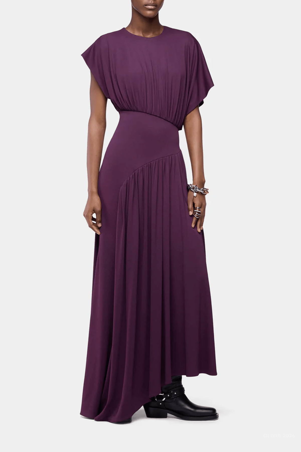 Asymmetrical Ruched Long Dress in Magenta - shop-olivia.com