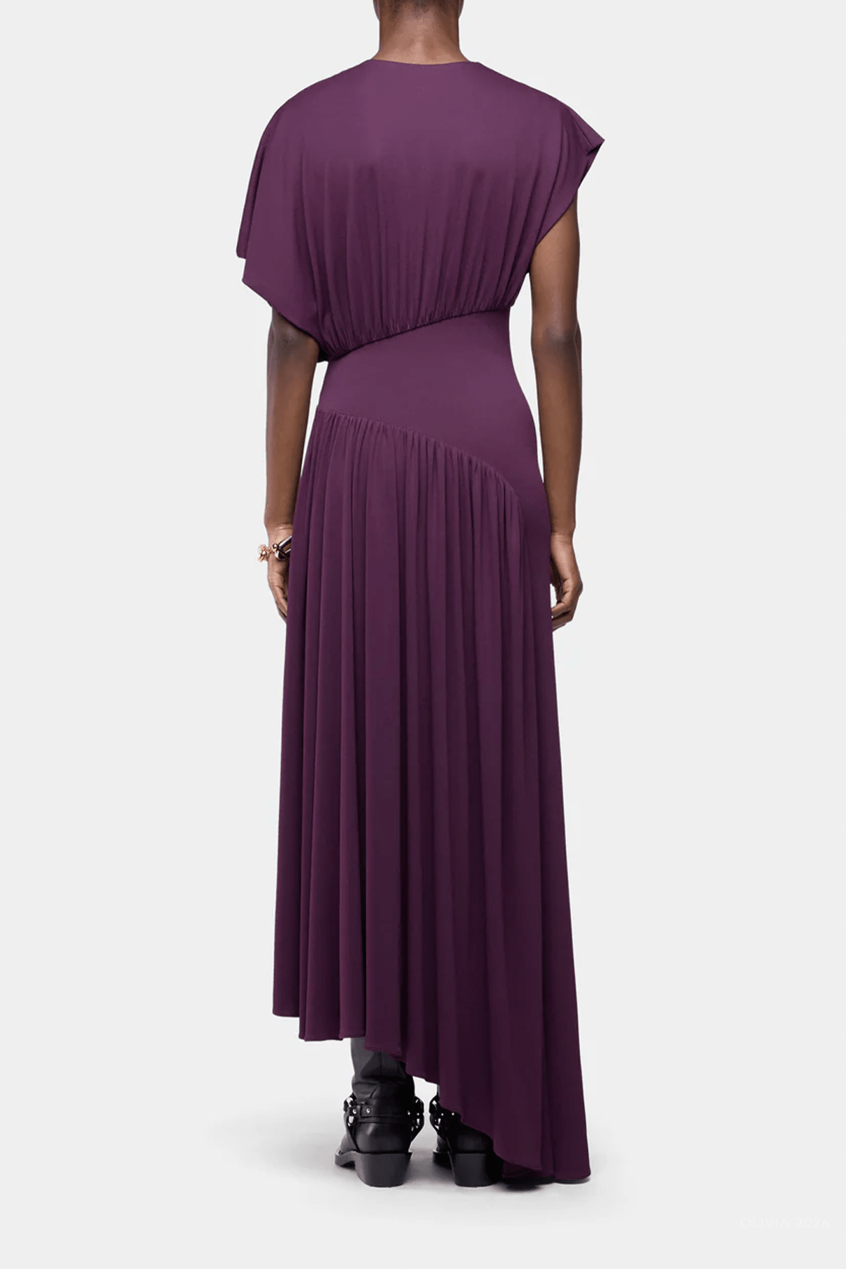Asymmetrical Ruched Long Dress in Magenta - shop-olivia.com