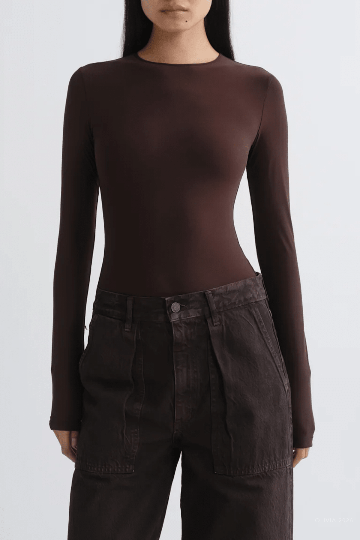 Aura Long-Sleeve Bodysuit in Chocolate - shop-olivia.com