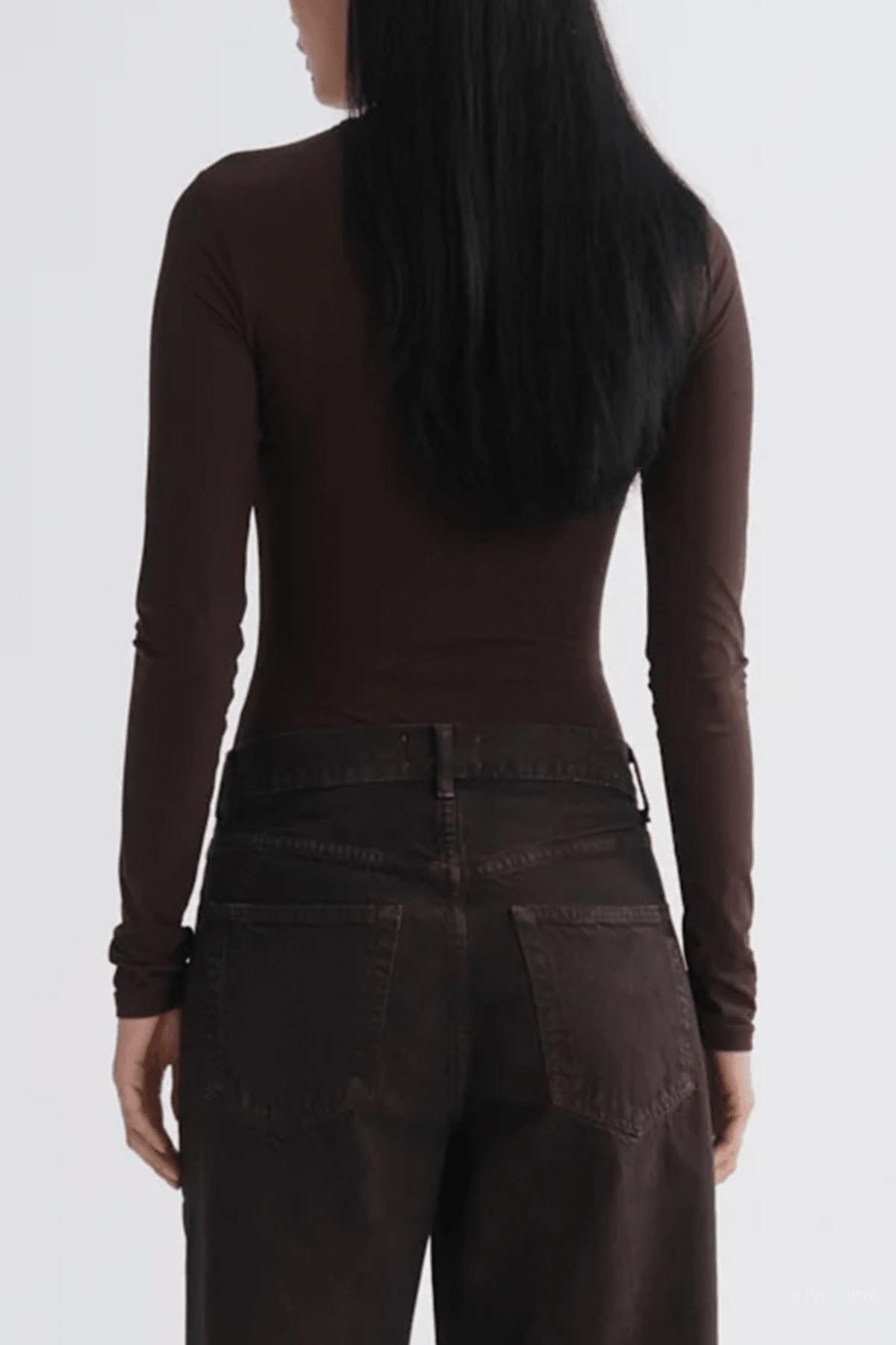 Aura Long-Sleeve Bodysuit in Chocolate - shop-olivia.com