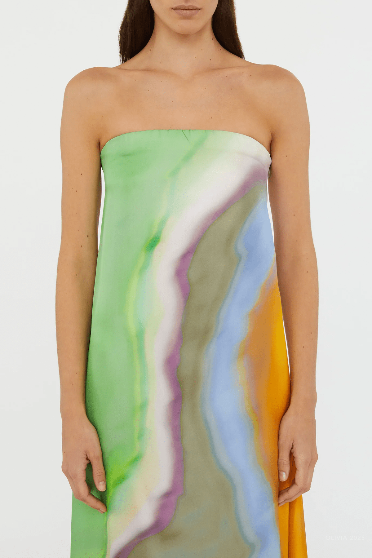 Aura Silk Strapless Dress in Tangelo Aura Print - shop - olivia.com