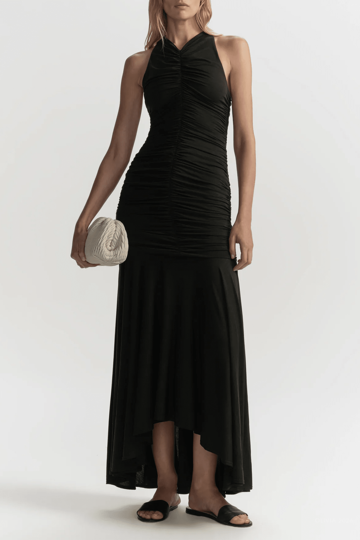 Ayla Ruched Knit Midi Dress in Black - shop - olivia.com