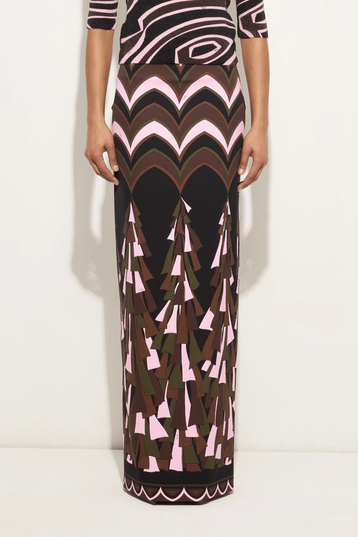 Baiadera-Print Tecno Couture Skirt in Khaki Pink - shop-olivia.com