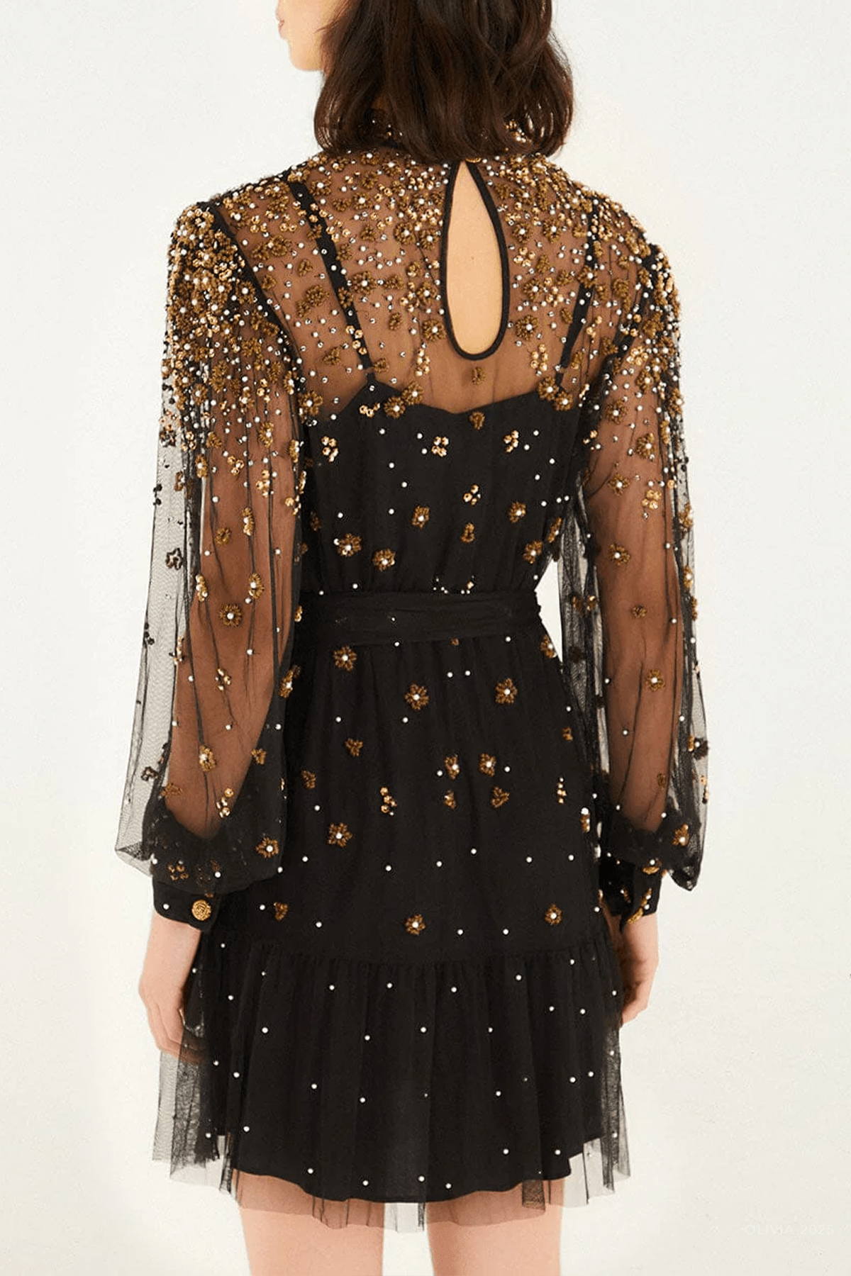 Black Embroidered Tulle Belted Long Sleeve Mini Dress - shop - olivia.com