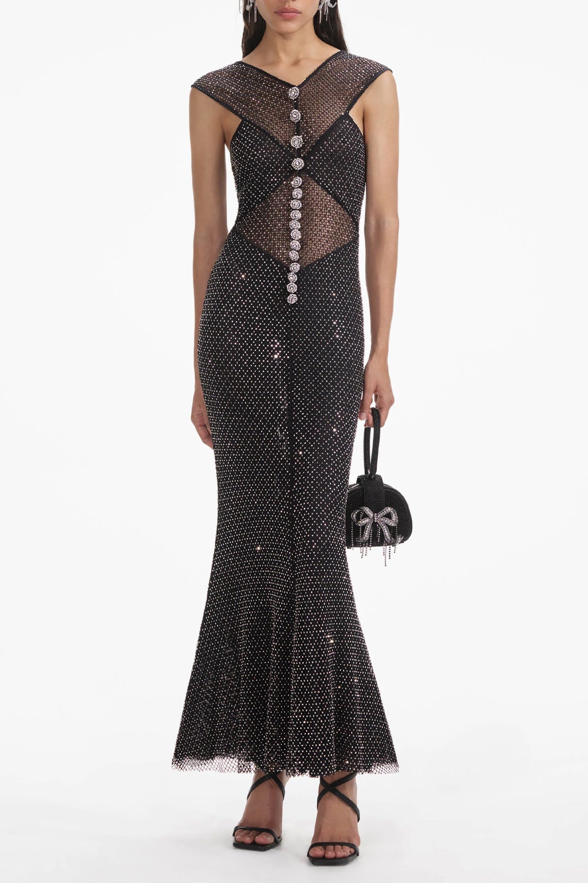 Black Rhinestone Fishnet Crossover Midi Dress - shop - olivia.com