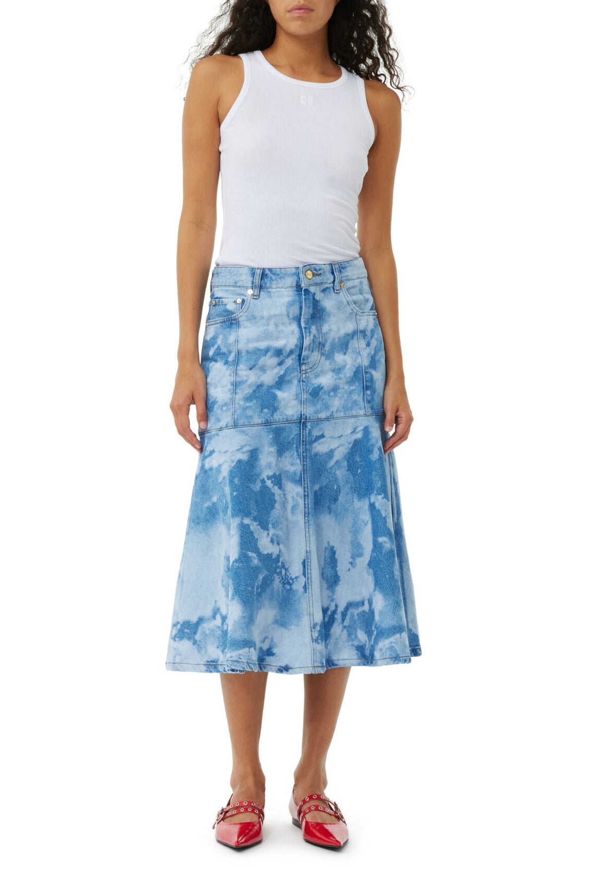 Bleach Denim Flounce Midi Skirt in Light Blue Stone - shop-olivia.com