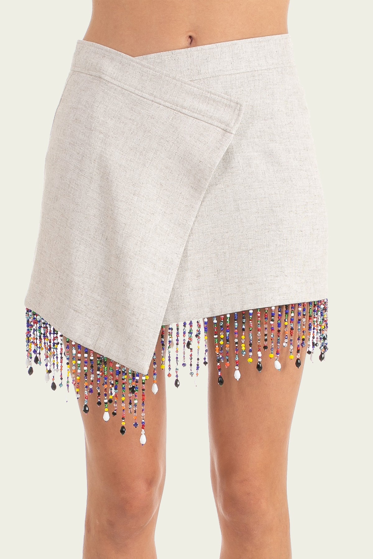 Blended Linen Beaded Mini Skirt in Beige - shop-olivia.com