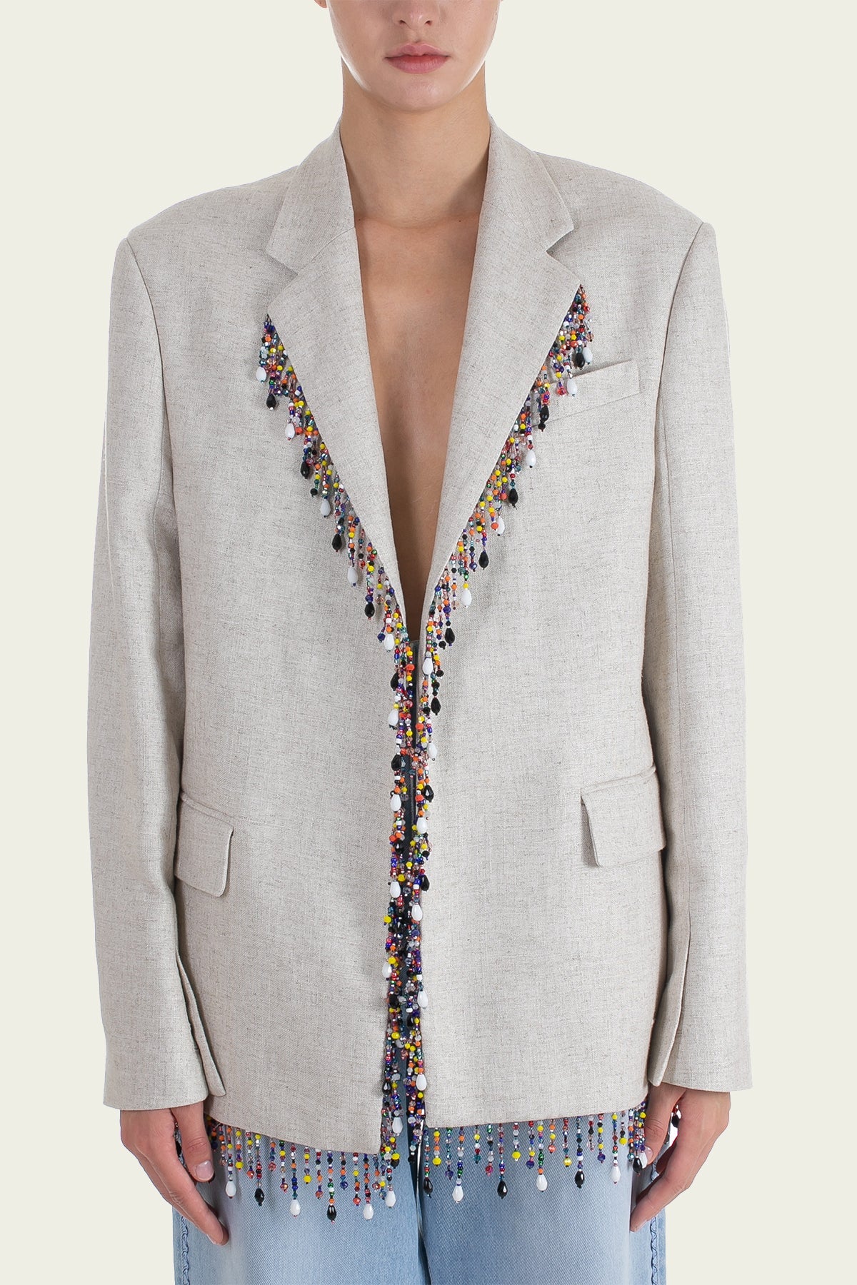 Blended Linen Single-Breasted Beaded Jacket in Beige - shop-olivia.com