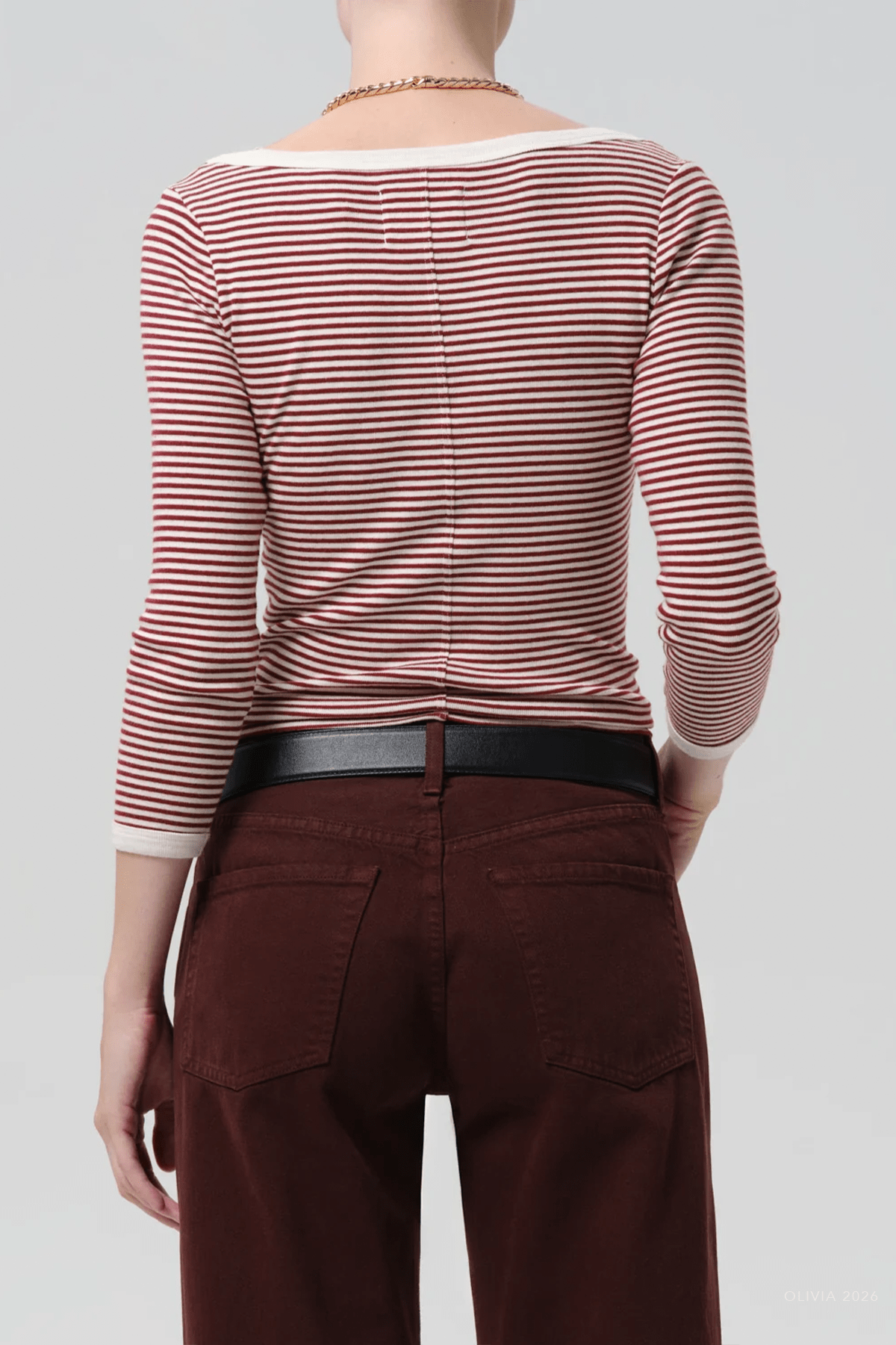 Boat Neck Slim Tee in Burgundy Cream Stripe - shop-olivia.com