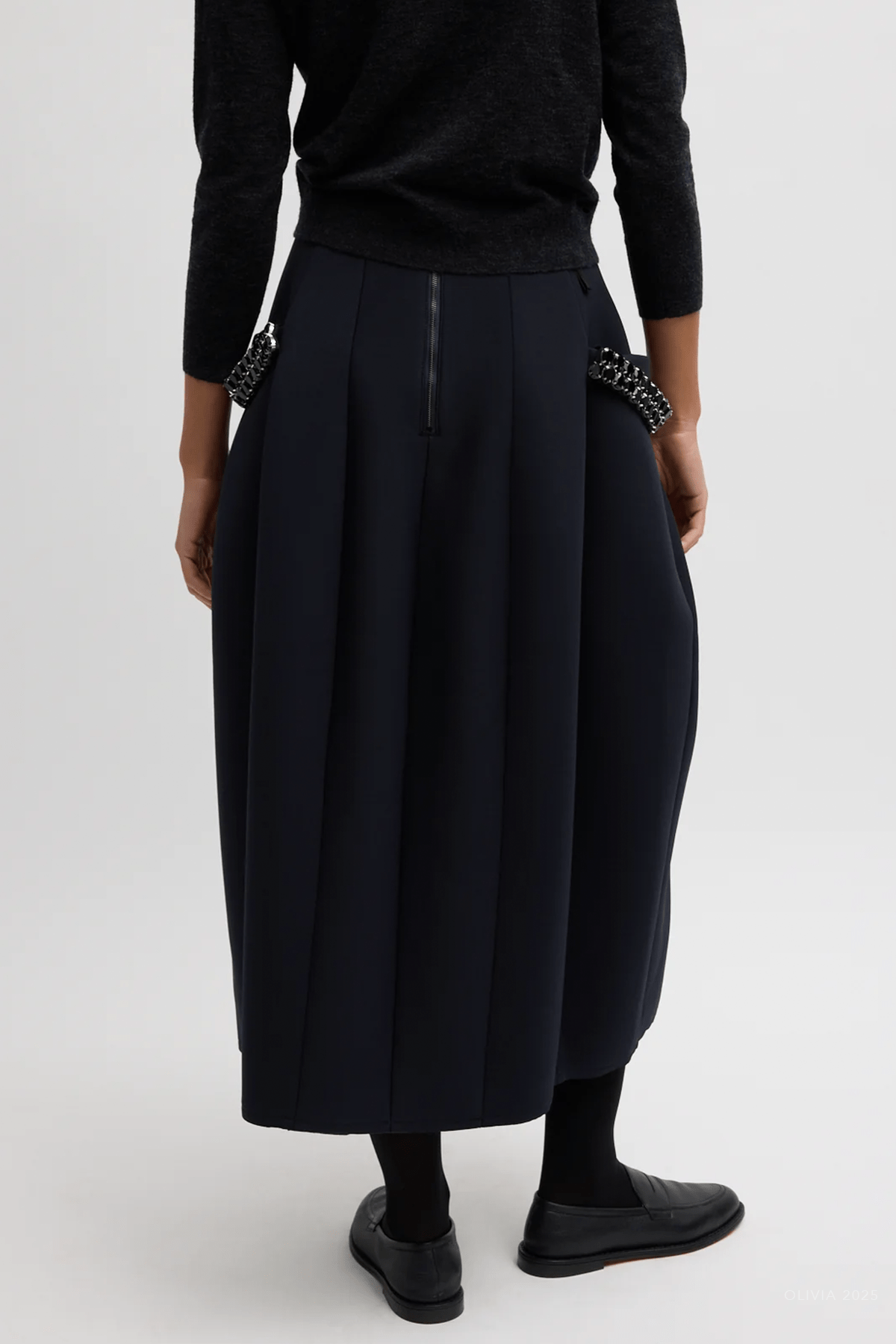Bonded Twill Sculpted Skirt With Removable Beading in Navy - shop - olivia.com