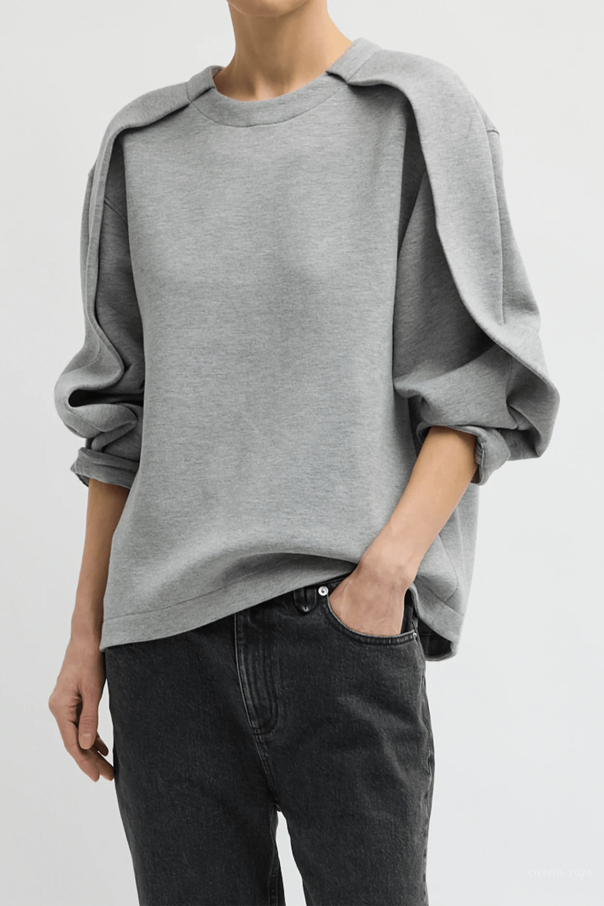 Bonded Viscose Crewneck with Folded Panel in Heather Grey - shop-olivia.com