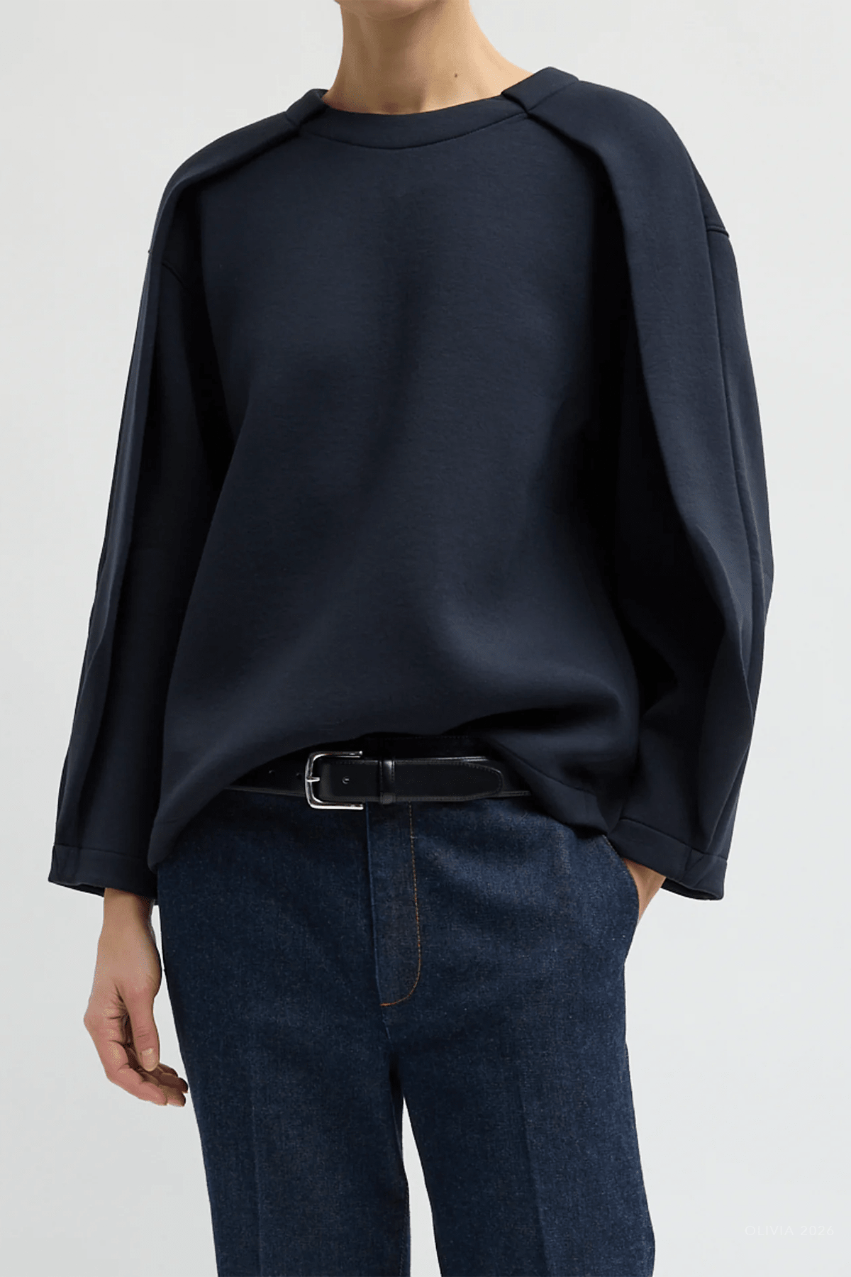 Bonded Viscose Crewneck with Folded Panel in Navy - shop-olivia.com