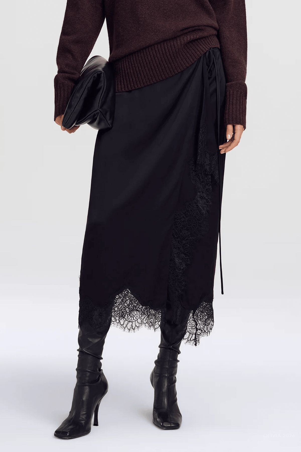 Bree Satin and Lace Midi Skirt in Black Black - shop-olivia.com
