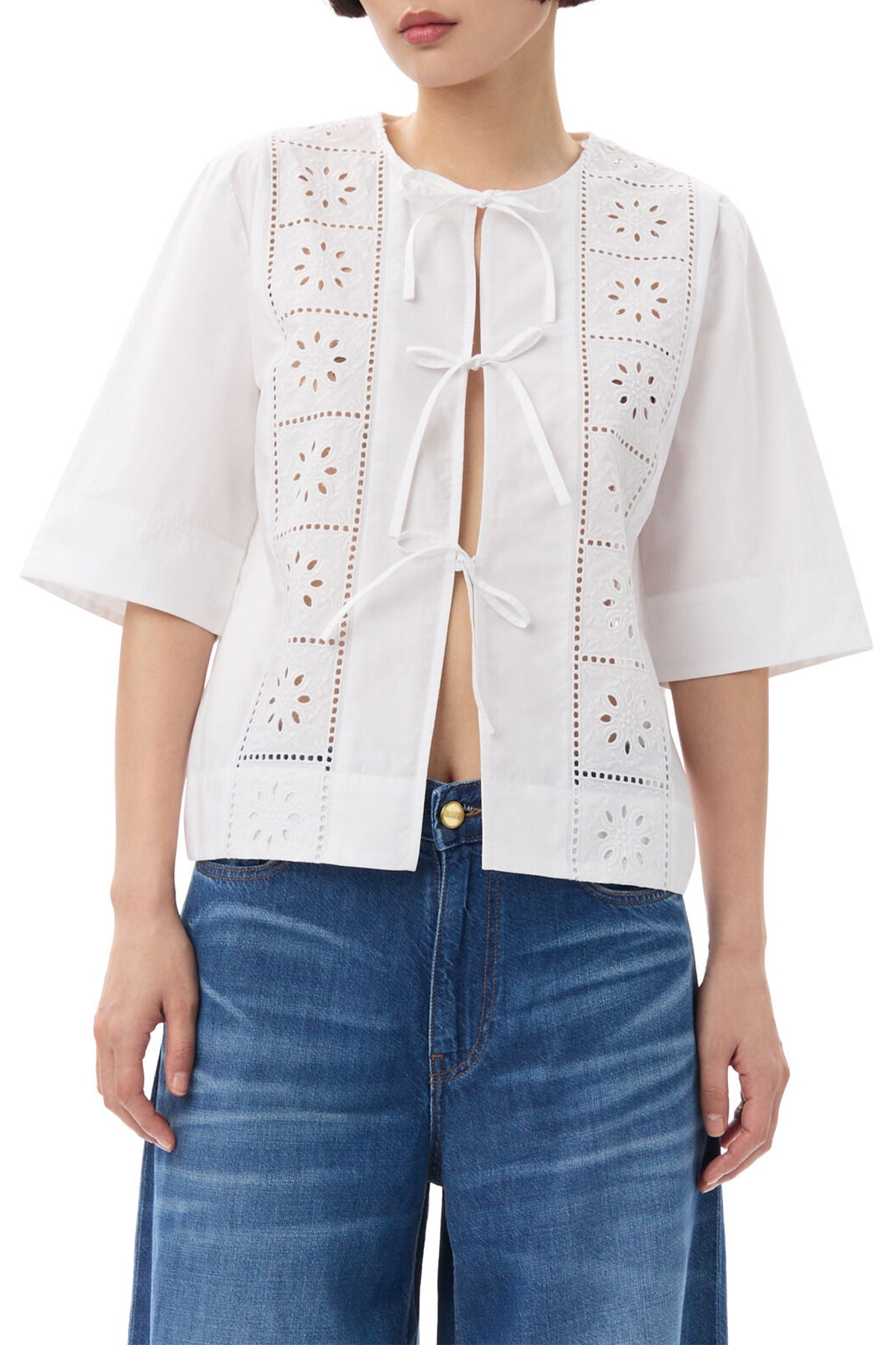 Broderie Anglaise Tie Blouse in Bright White - shop - olivia.com