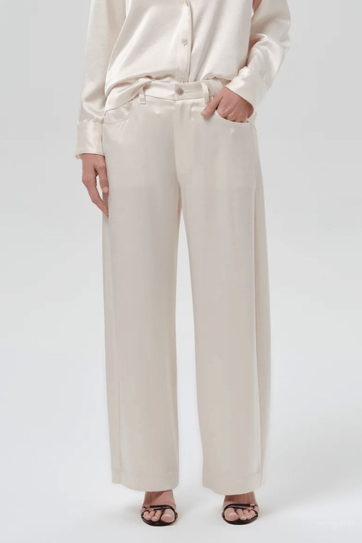 Brynn Japanese Hammered Satin Trouser in Cream - shop-olivia.com