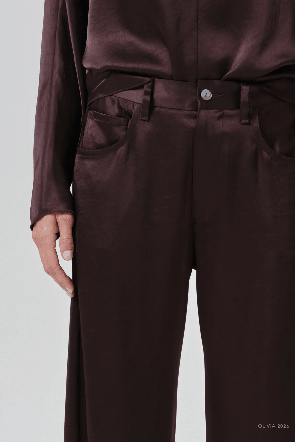 Brynn Japanese Hammered Satin Trouser in Espresso - shop-olivia.com