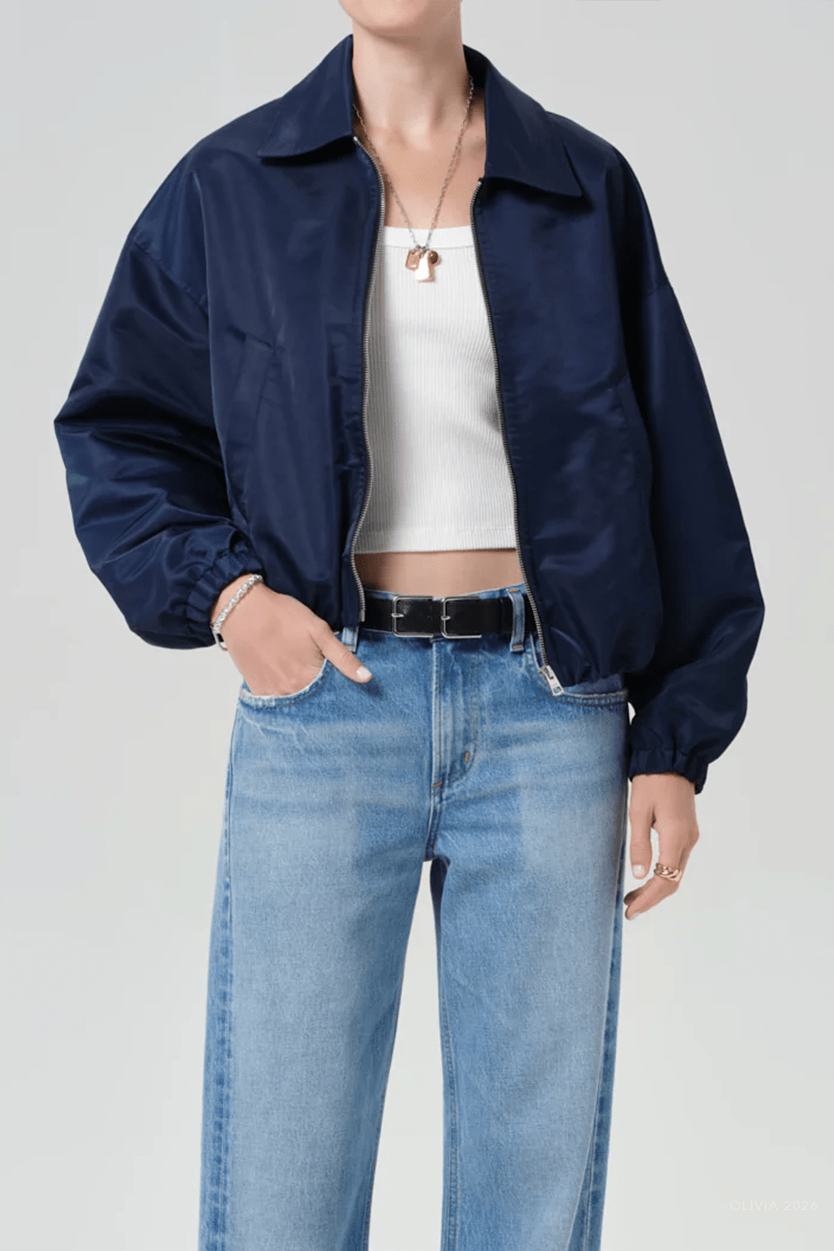Bubble Hem Bomber Jacket in Navy - shop - olivia.com