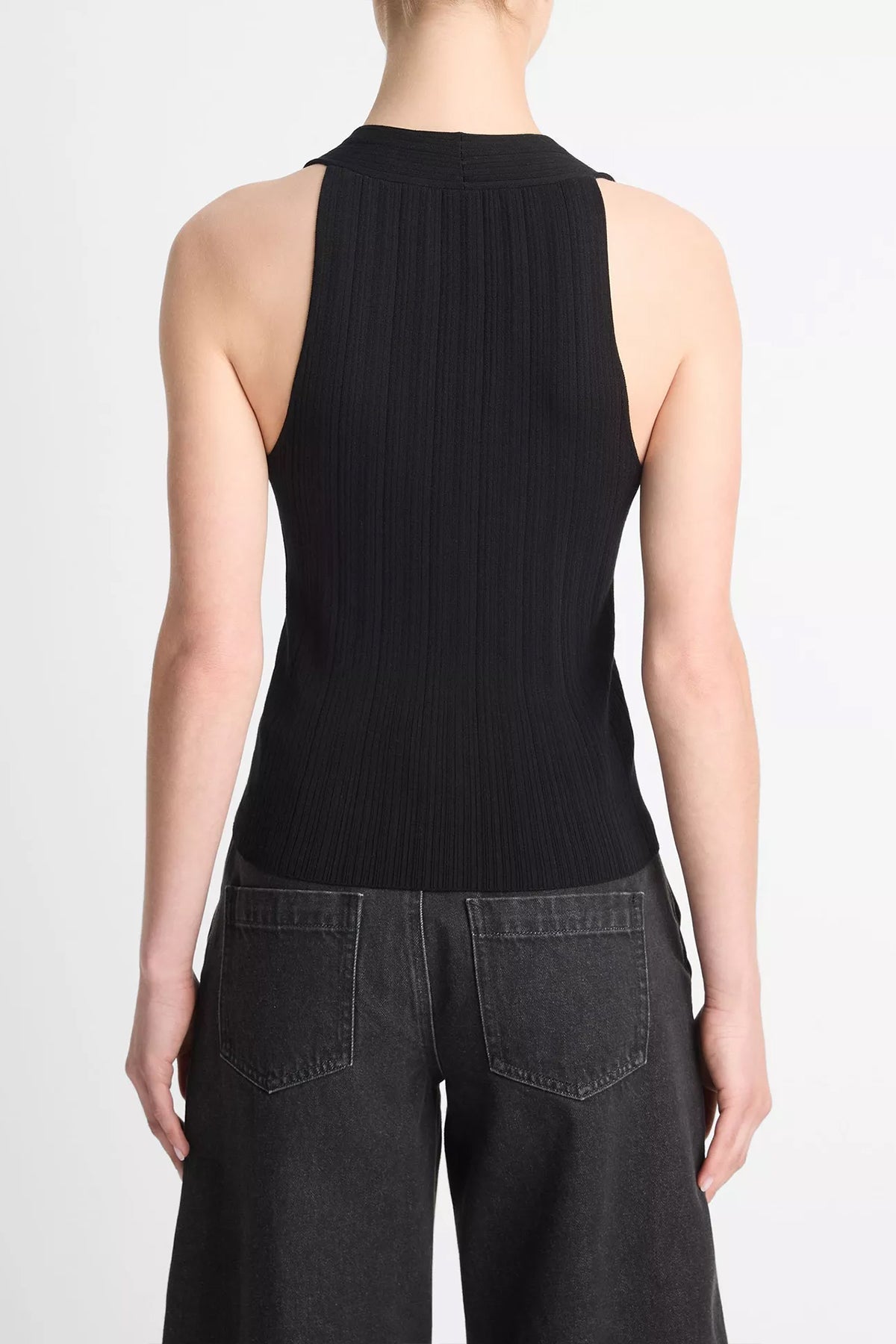 Button V-Neck Tank Top in Black - shop-olivia.com