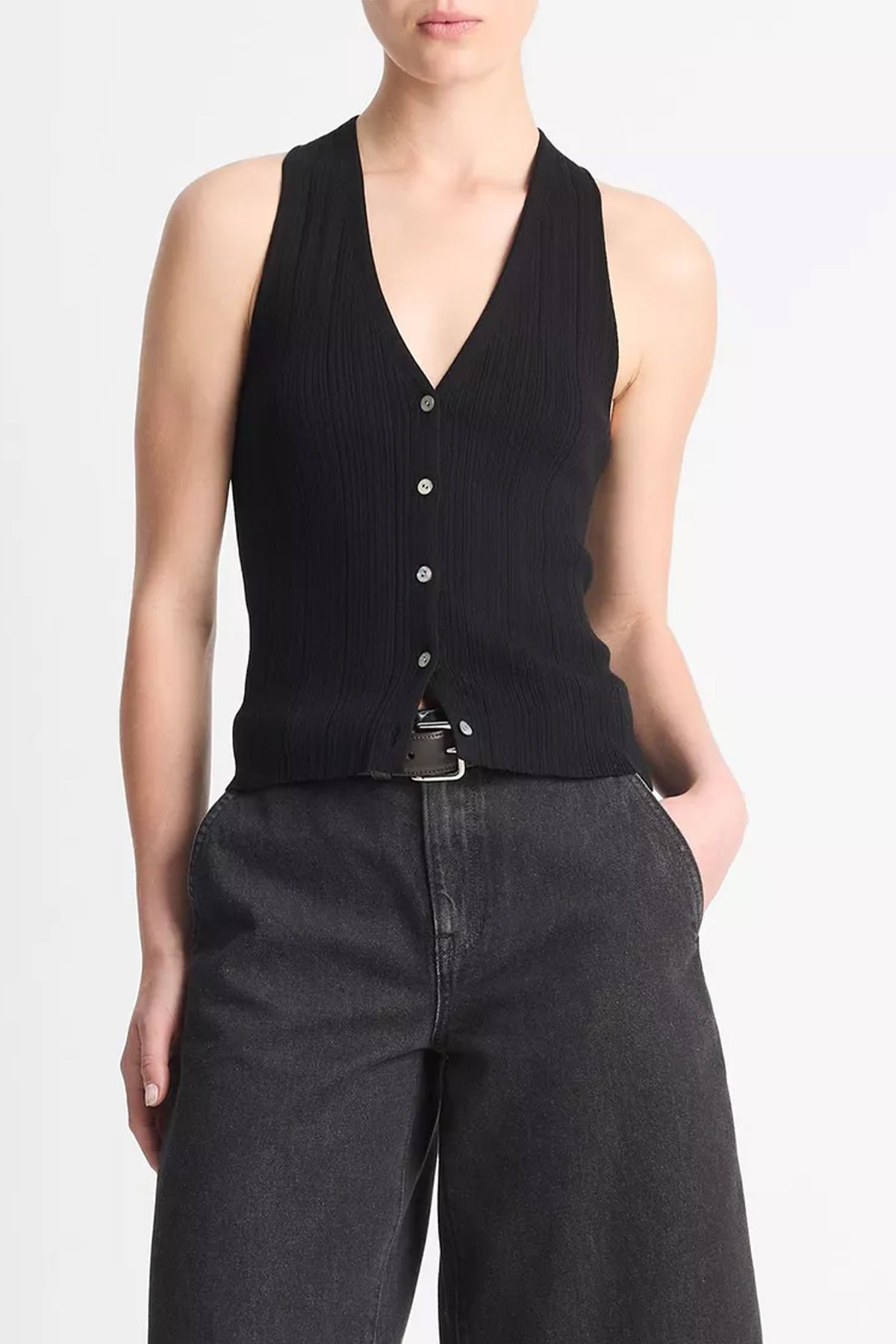 Button V-Neck Tank Top in Black - shop-olivia.com