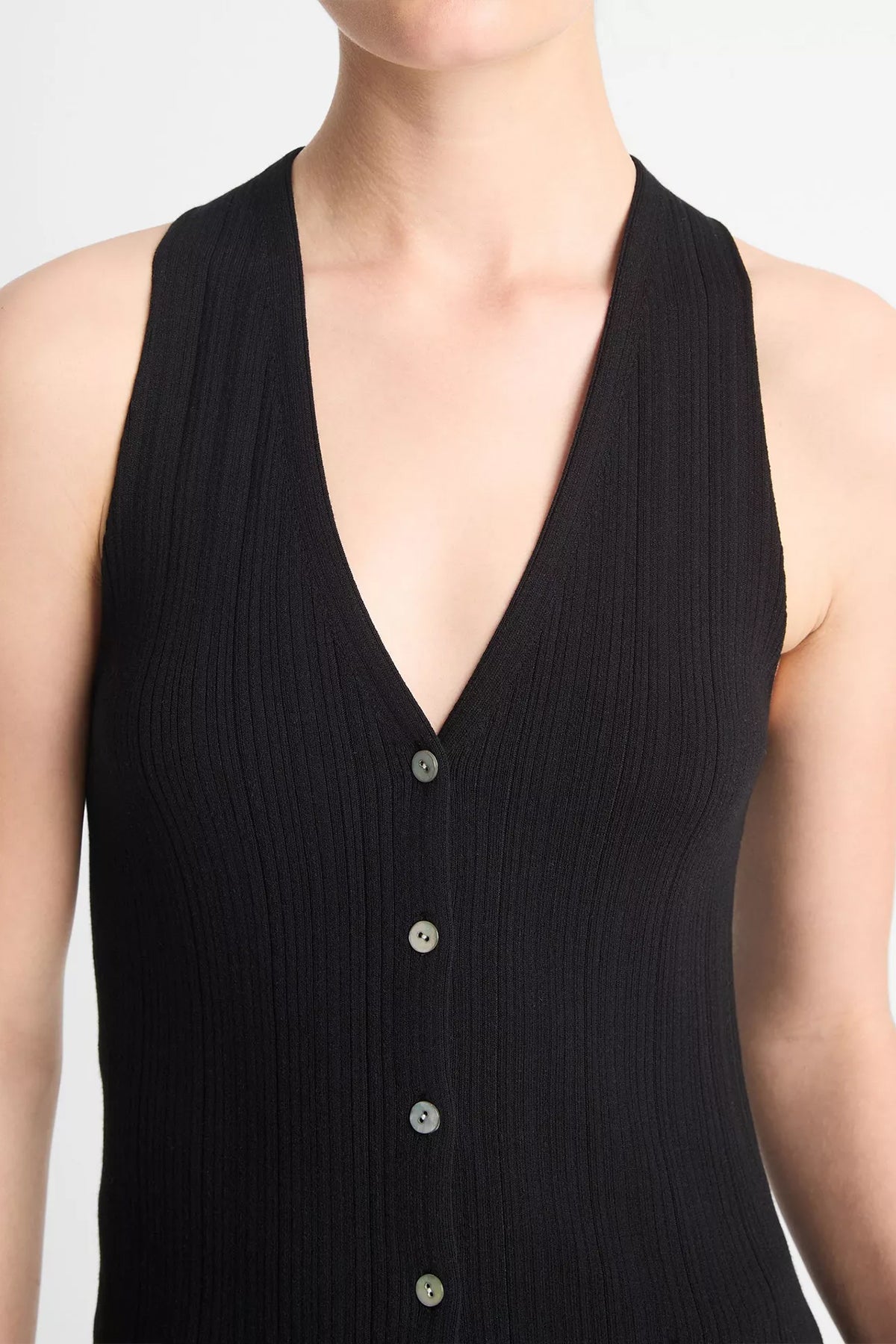 Button V-Neck Tank Top in Black - shop-olivia.com