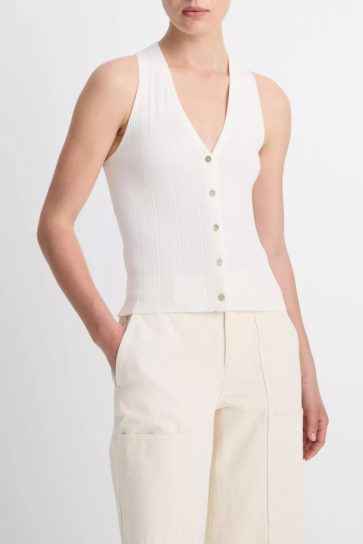 Button V-Neck Tank Top in Off-White - shop-olivia.com