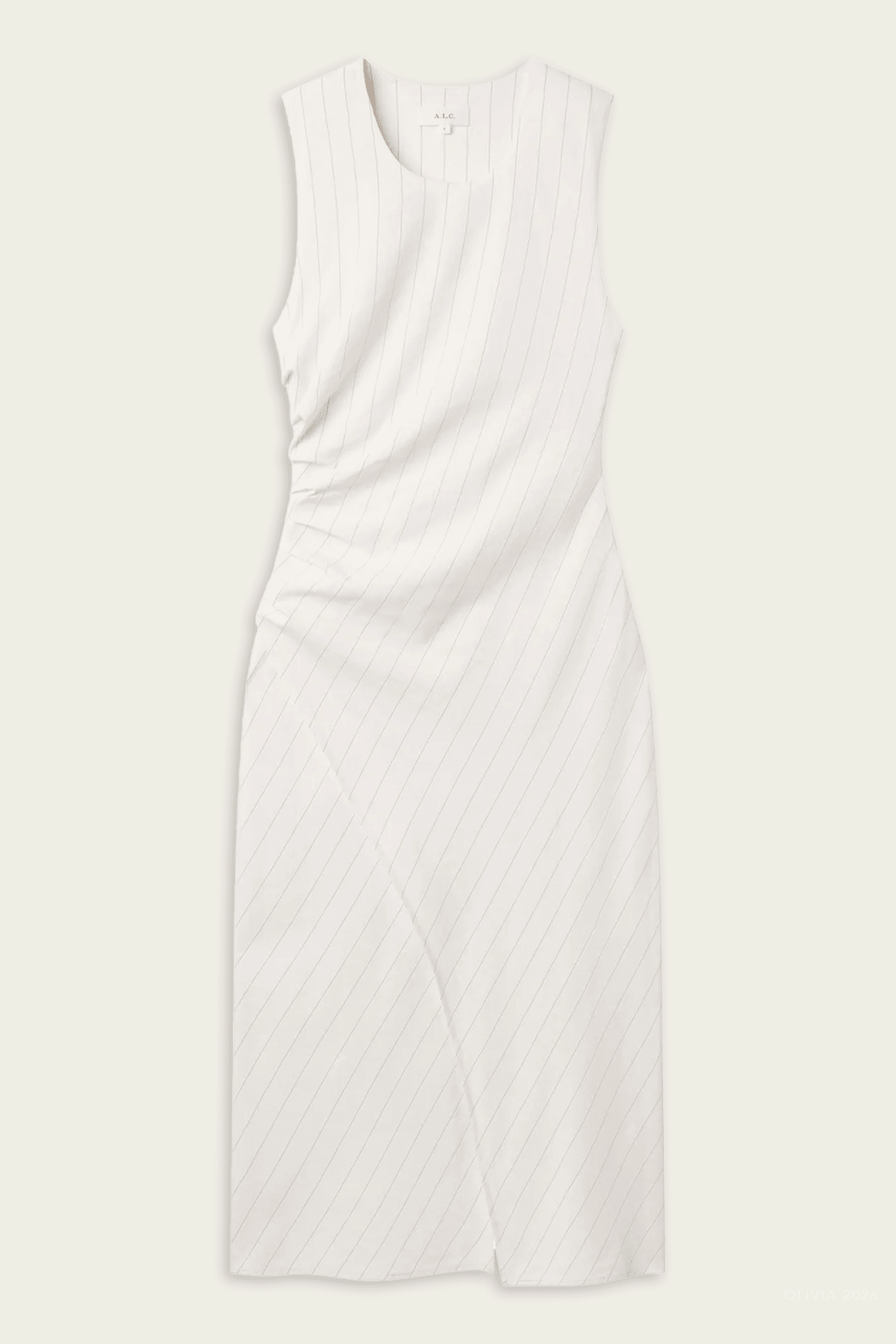 Caroline Linen Pinstripe Midi Dress in Pearl Brown - shop - olivia.com