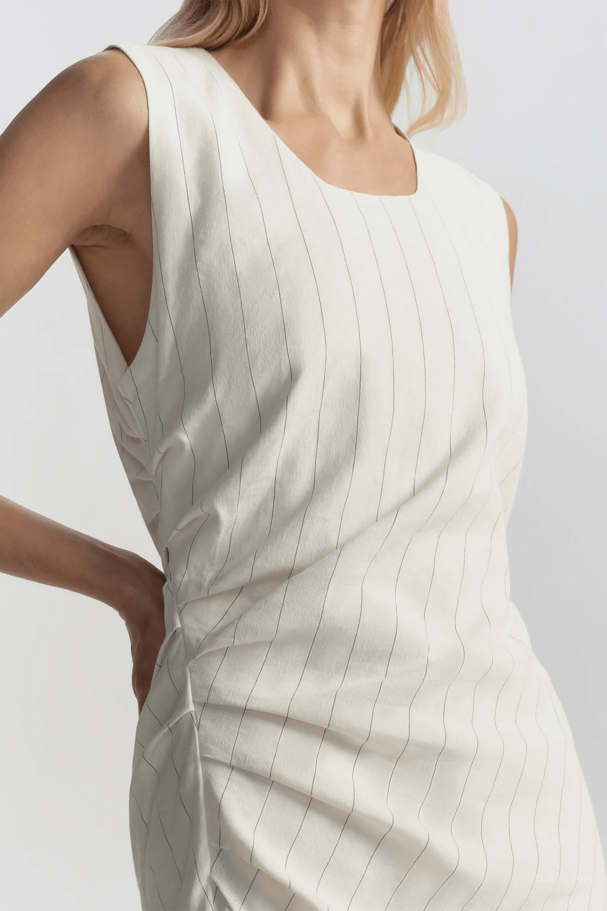 Caroline Linen Pinstripe Midi Dress in Pearl Brown - shop - olivia.com