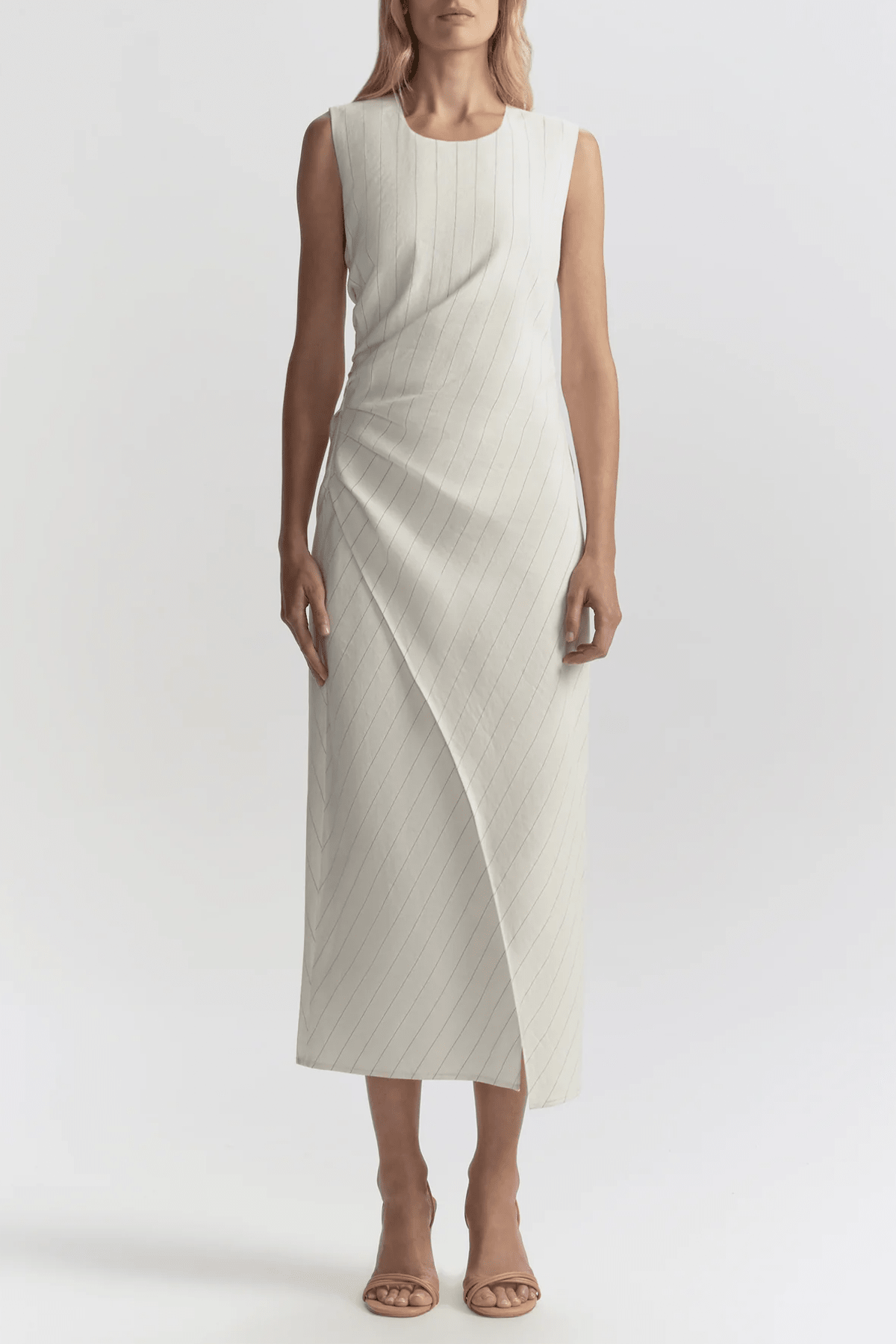 Caroline Linen Pinstripe Midi Dress in Pearl Brown - shop - olivia.com