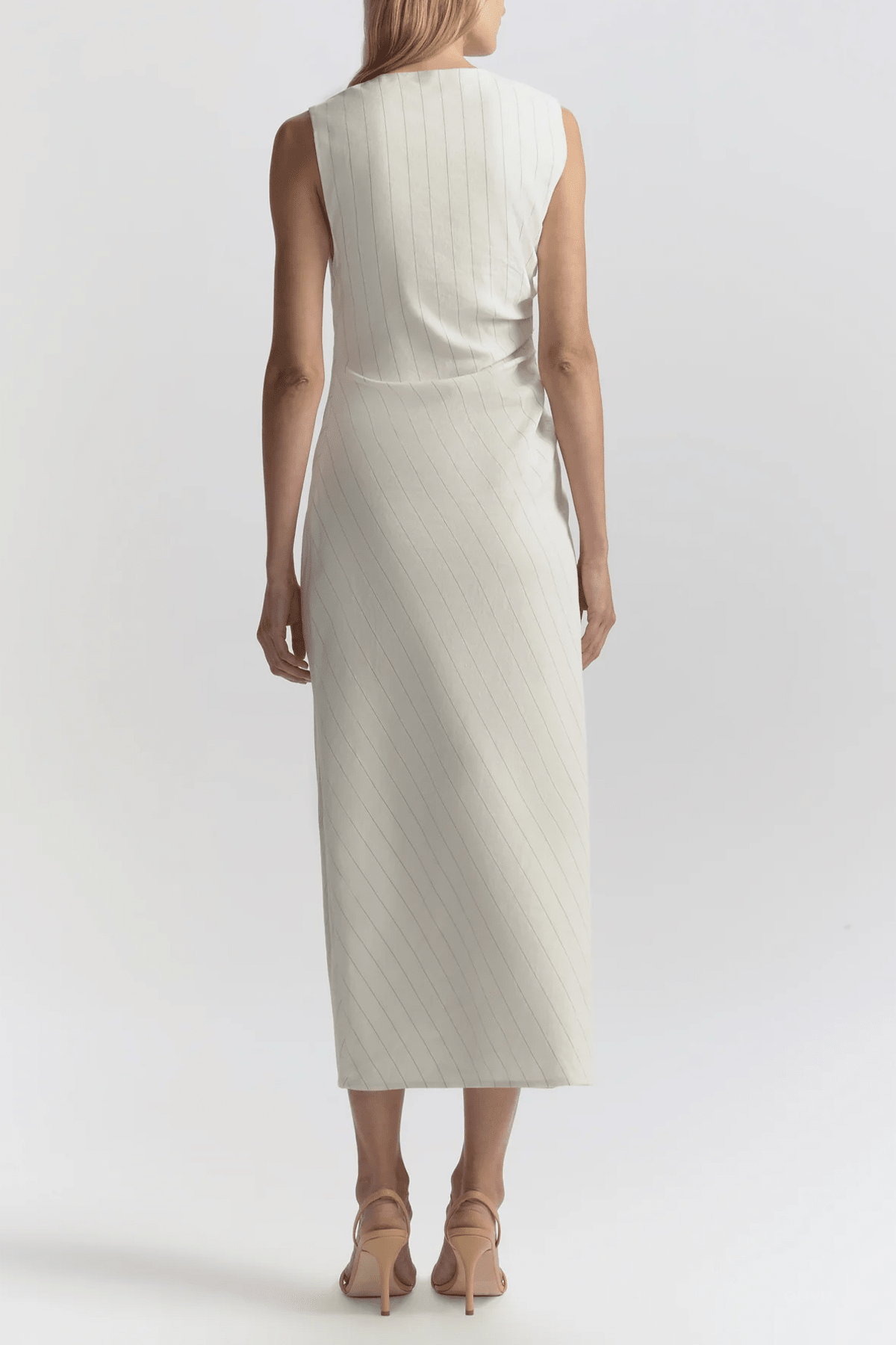 Caroline Linen Pinstripe Midi Dress in Pearl Brown - shop - olivia.com