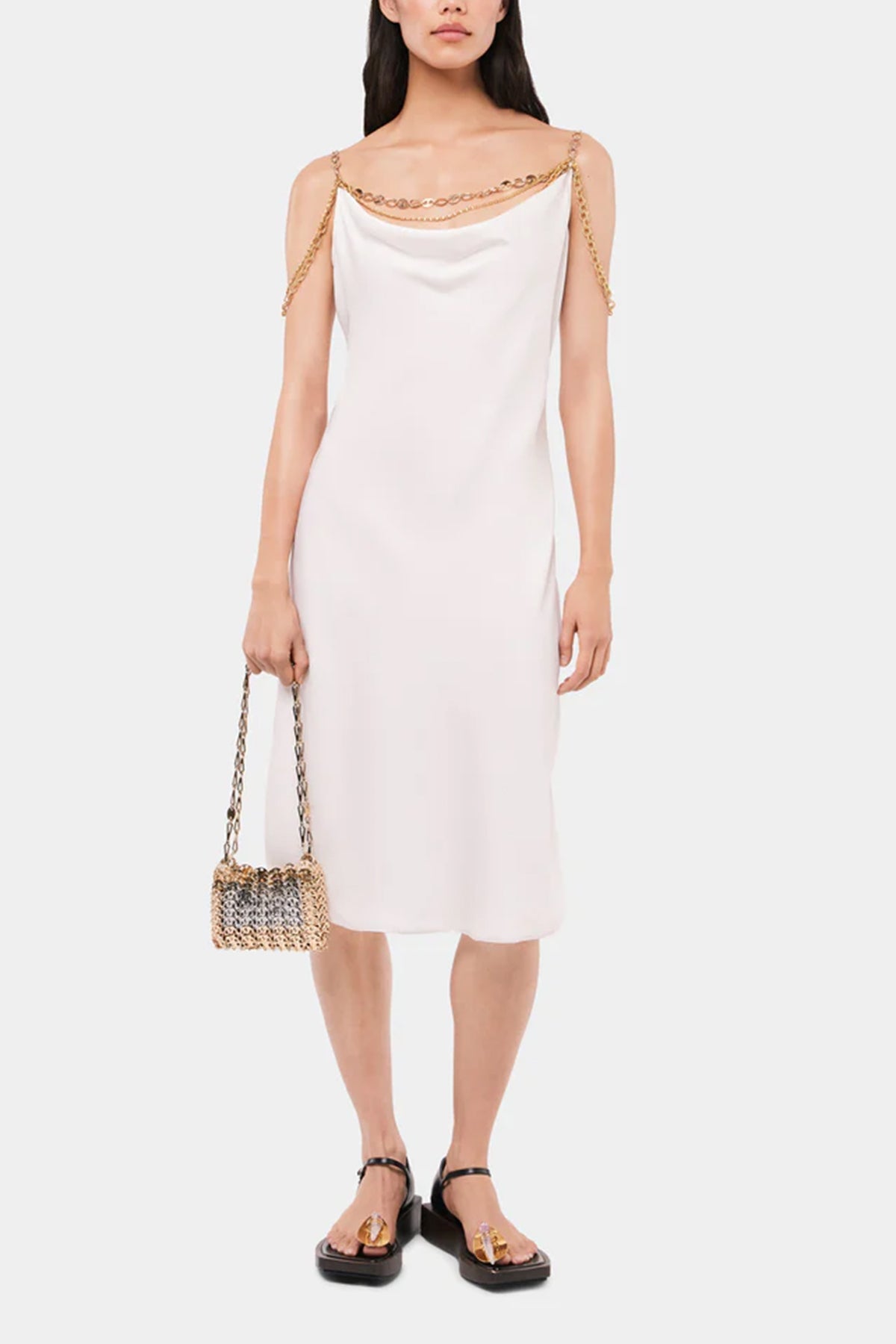 Chain-Strap Silk Midi Dress in Natural White - shop-olivia.com