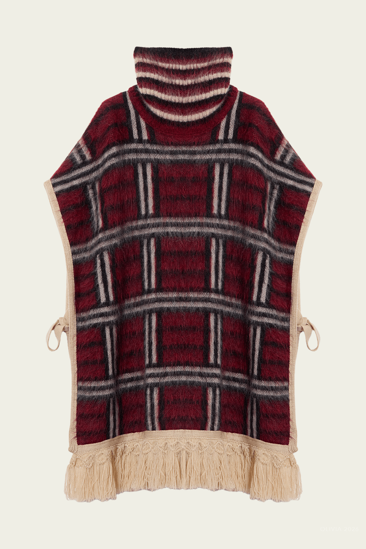 Check Poncho in Kells Check Burgundy - shop-olivia.com