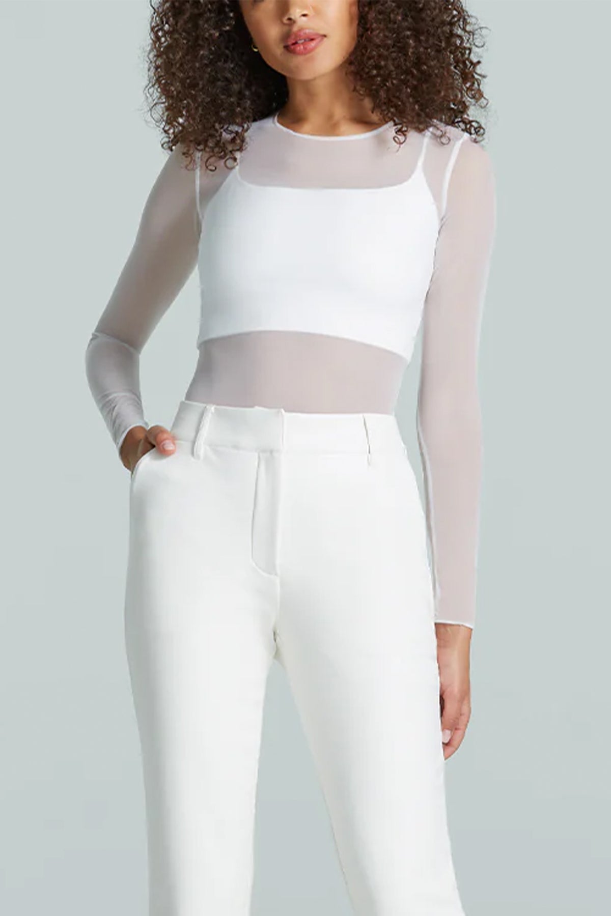 Chic Mesh Long Sleeve Tee in White - shop-olivia.com