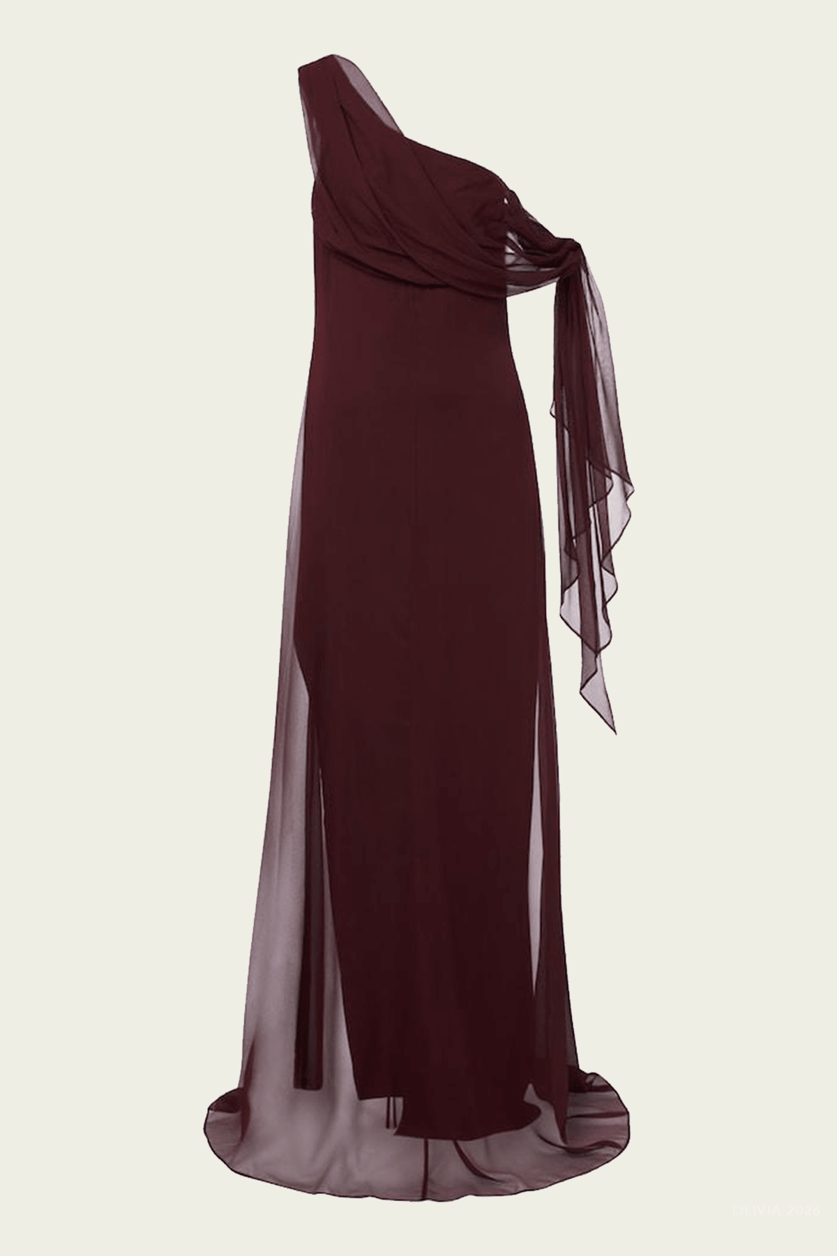 Chiffon Draped Gown with Tie in Henna - shop-olivia.com