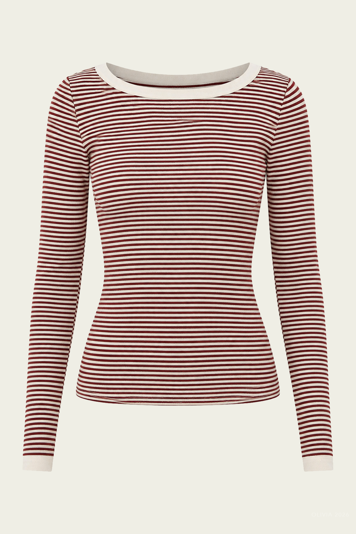 Boat Neck Slim Tee in Burgundy Cream Stripe