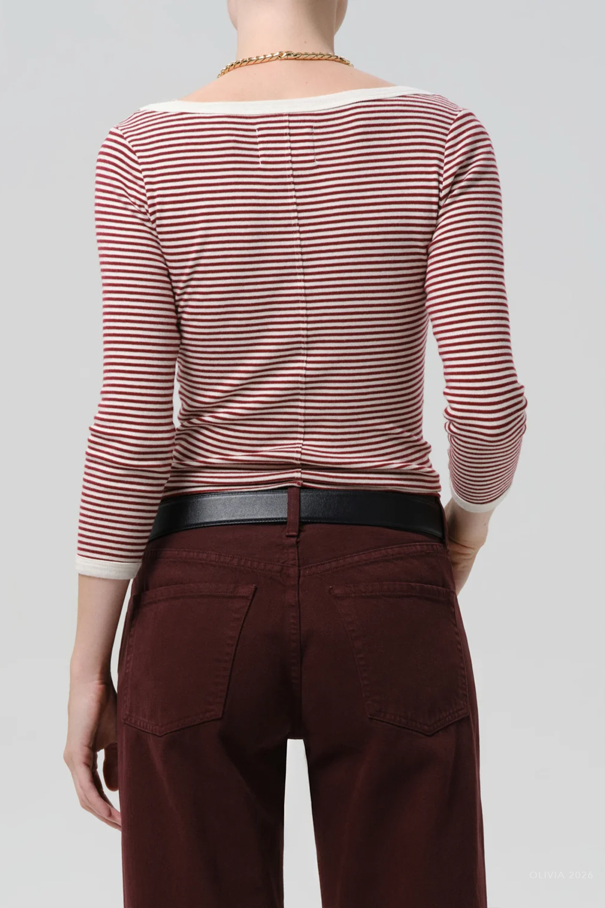 Boat Neck Slim Tee in Burgundy Cream Stripe