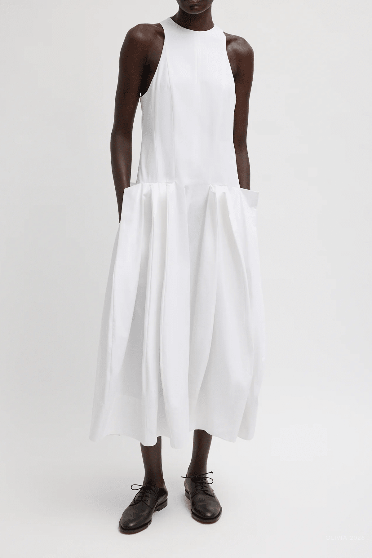 Compact Eco Poplin Pinched Pleat Dress in White - shop - olivia.com