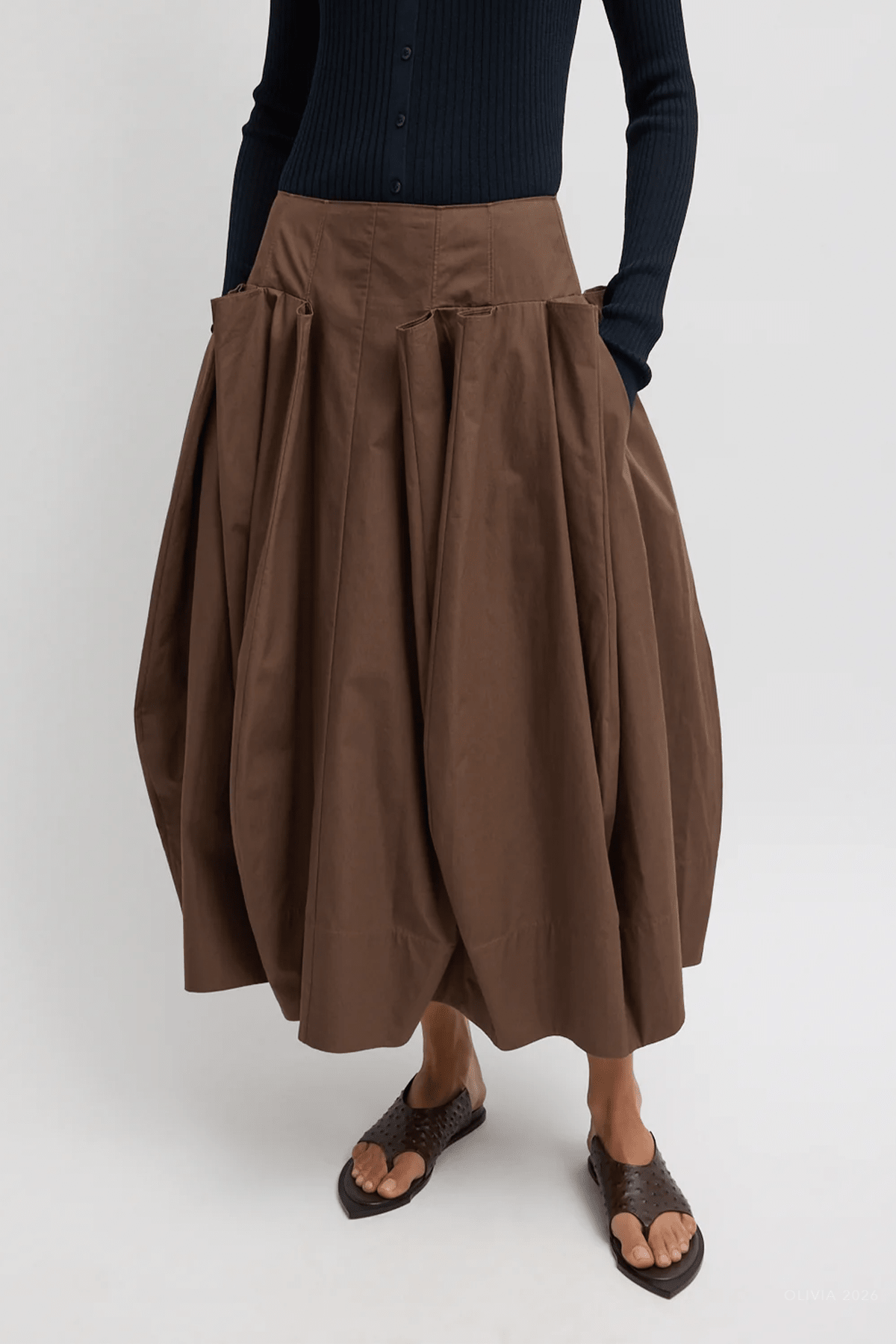 Compact Eco Poplin Pinched Pleat Full Skirt in Sepia Brown - shop - olivia.com