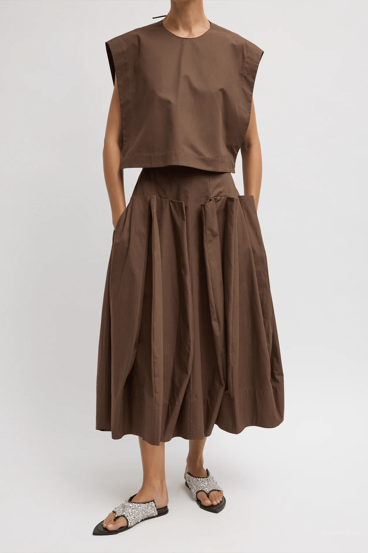 Compact Eco Poplin Pinched Pleat Full Skirt in Sepia Brown - shop - olivia.com