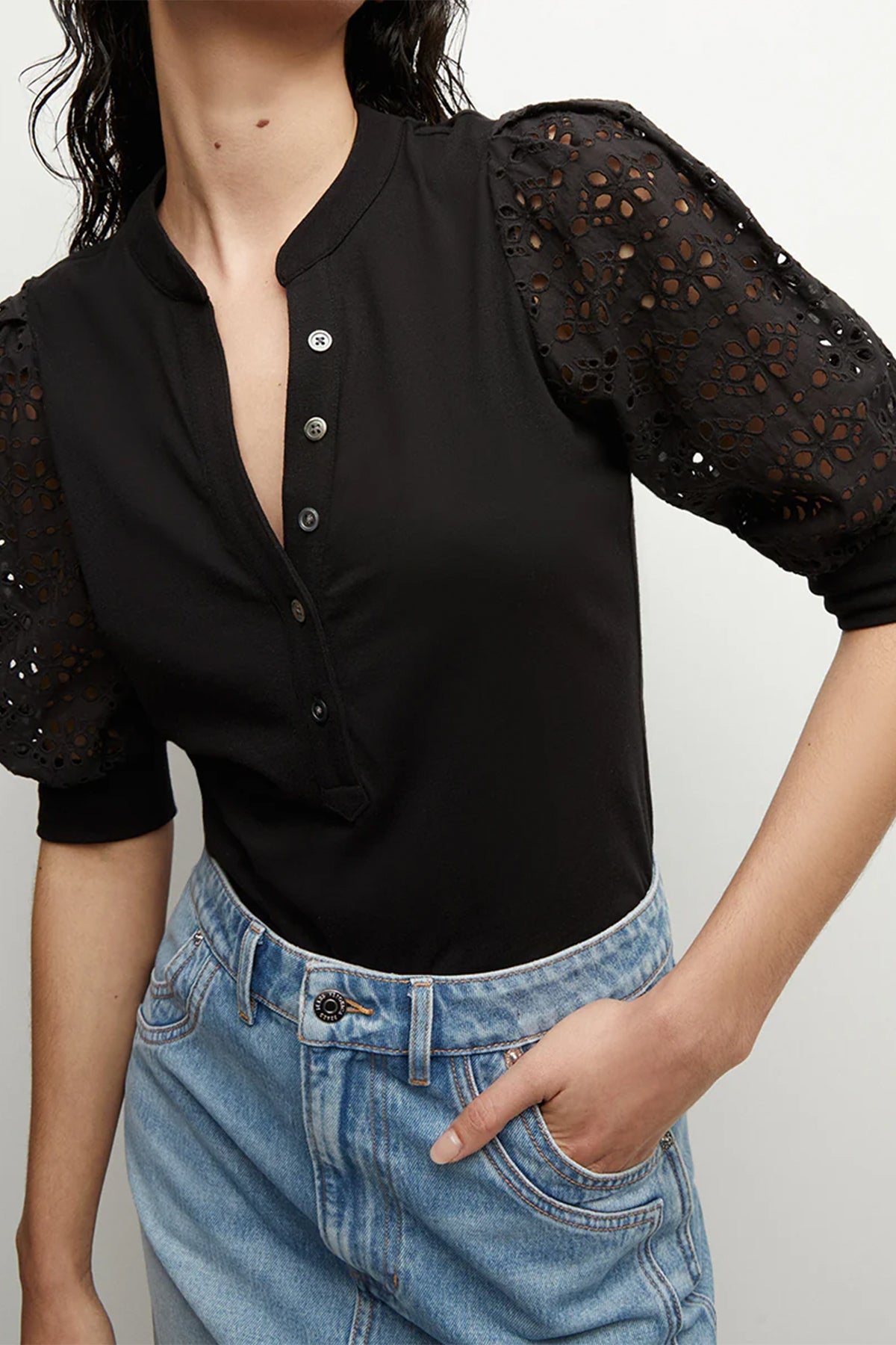 Coralee Eyelet Puff - Sleeve Tee in Black - shop - olivia.com