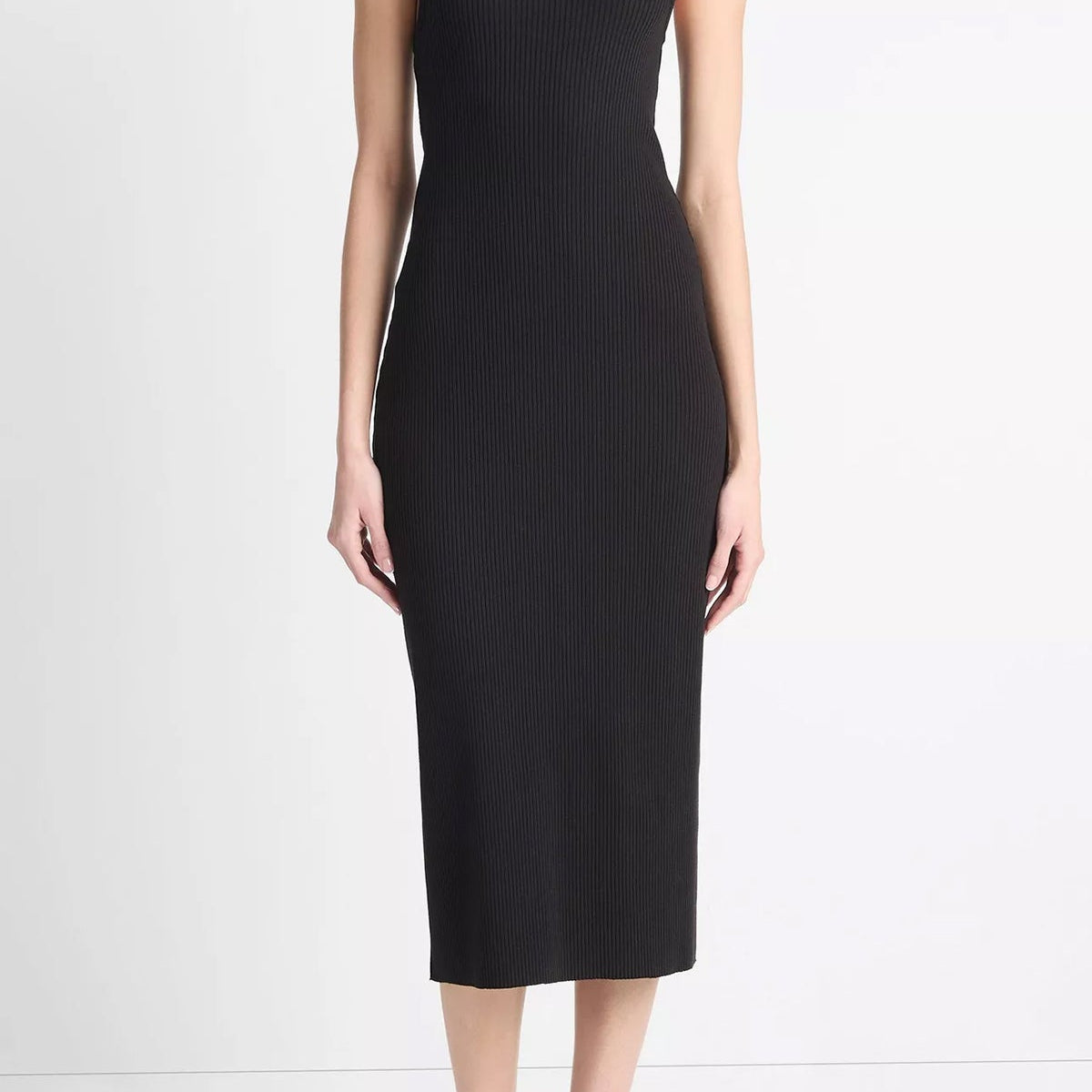 high neck tank dress Cotton-Blend Ribbed High-Neck Tank Dress in Black